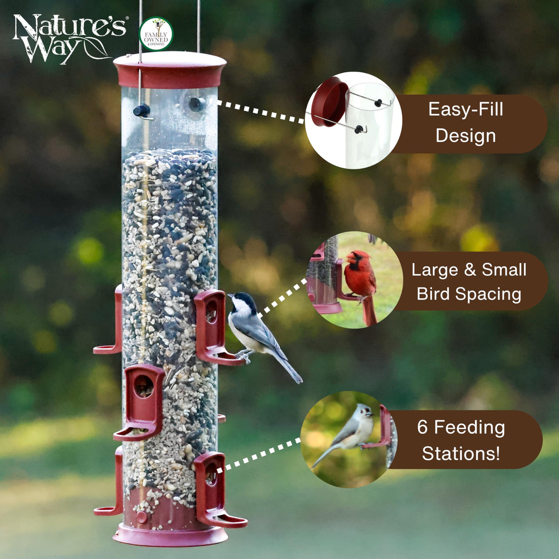 Nature's Way Large Plastic Seed Tube Bird Feeder for Wild Birds and Outdoor Décor, 2.1 Quart Capacity, Six Ports, Easy-Clean Design, Red