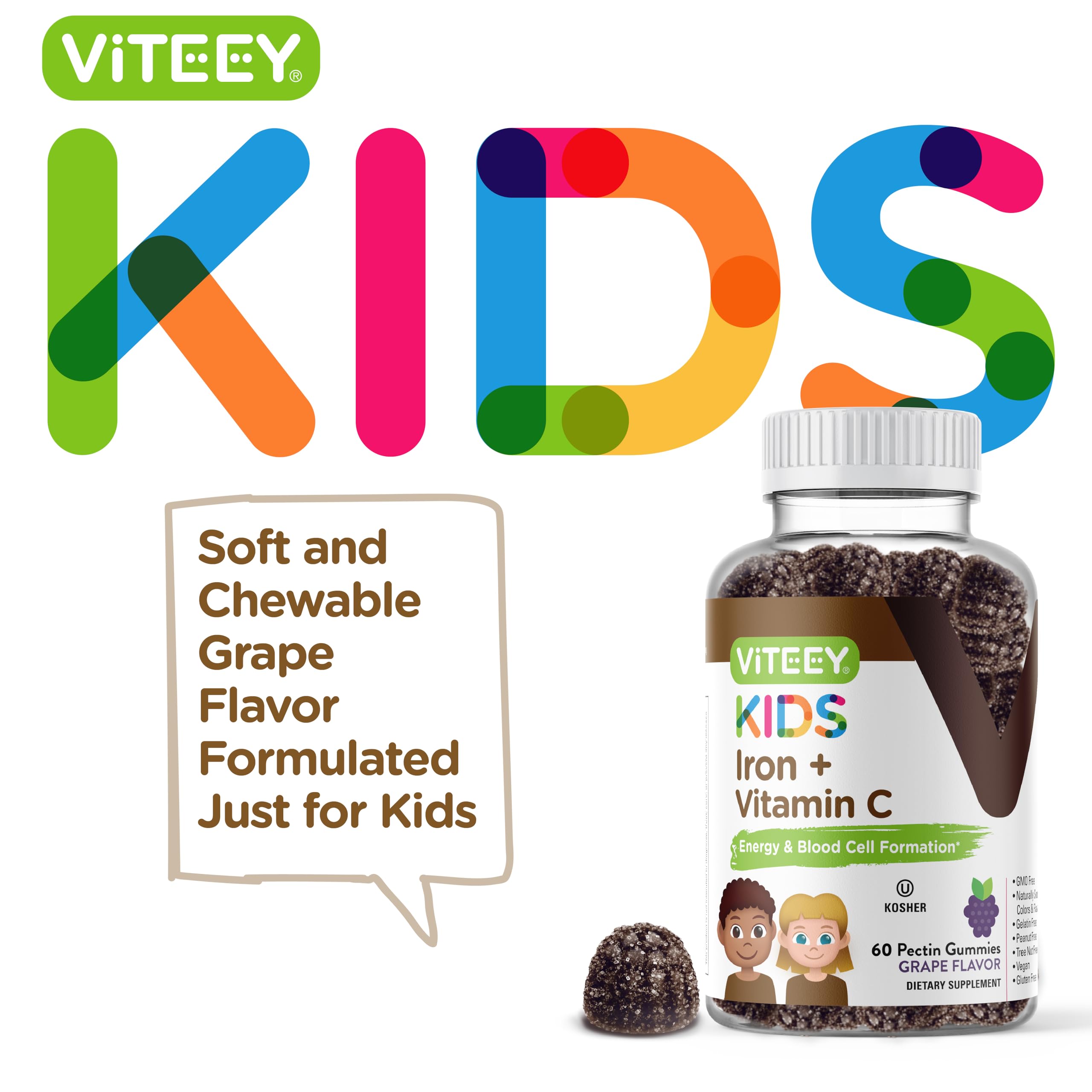 Iron Gummies for Kids with Vitamin C - Supports Energy, Blood Cell Formulation, Blood Builder Anemia Kids Iron Supplements - Vegan, Gelatin Free, Gluten Free - Tasty Chewable Grape Flavored Gummy