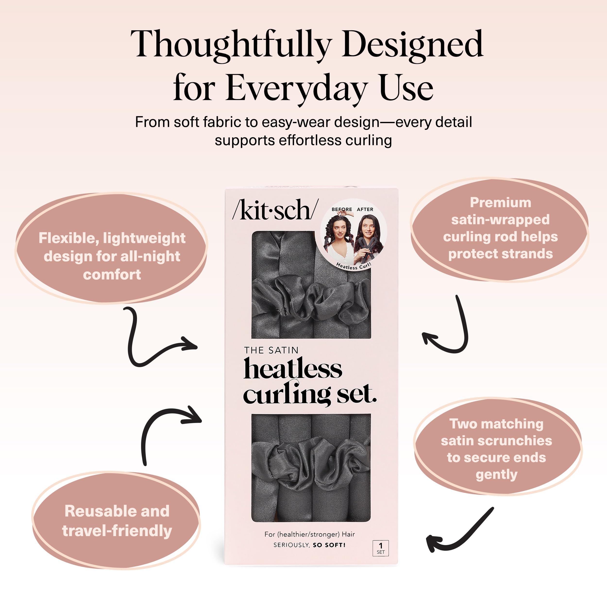 Kitsch Satin Heatless Curling Set – Heatless Hair Curler for Women, Hair Curler to Sleep In - with 2 Satin Scrunchies for Overnight Curls – No Heat Damage Styling with Heatless Curler - Charcoal