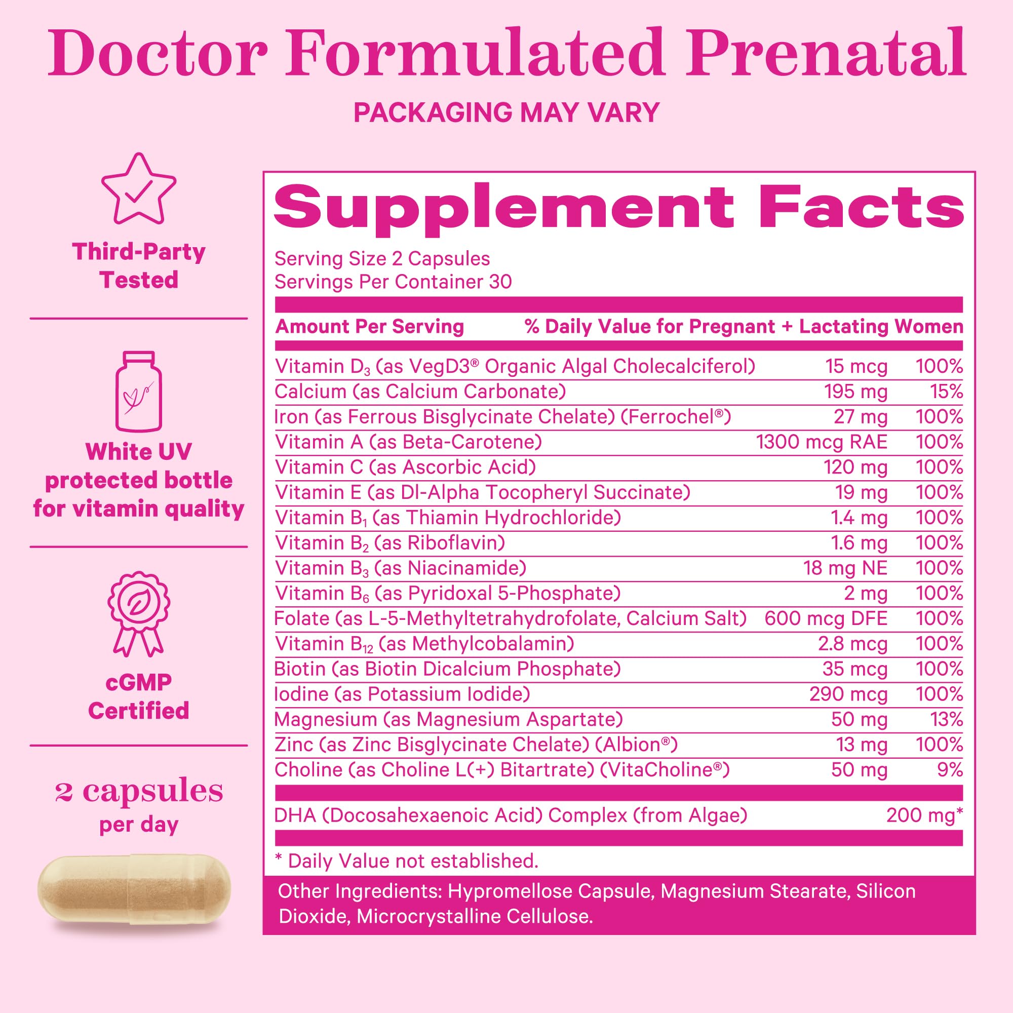 Pink Stork Total Prenatal Vitamins with DHA, Folate, Iron, Choline, and Vitamin B12 - Preconception Nutrition - Prenatals for Women, Pregnancy Must Haves - Mint Essence, 60 Capsules, 1 Month Supply