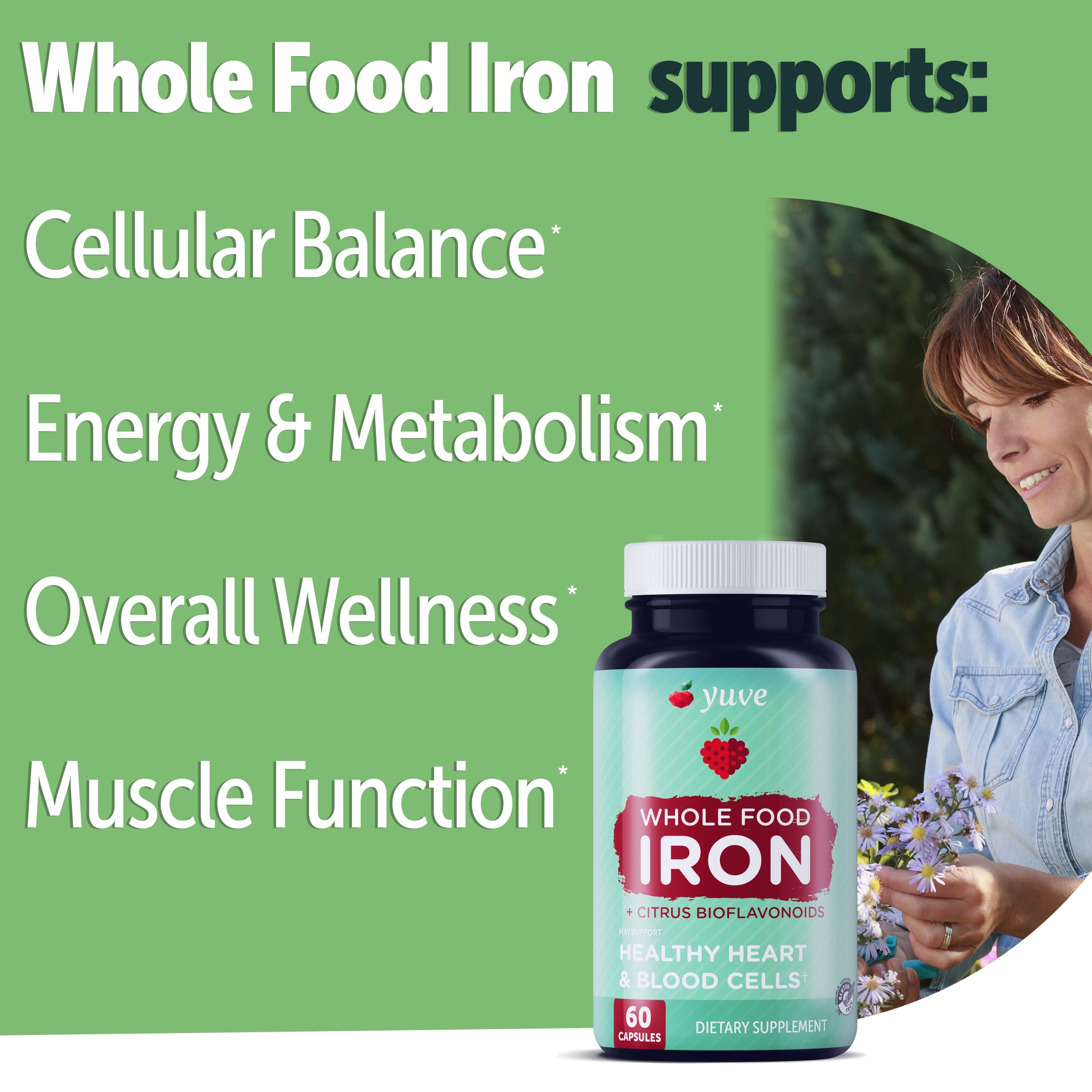 Yuve Whole Food Chelated Iron 18 mg Supplement - Formulated for Maximum Absorbption - Supports Healthy Heart & Blood Cells - Boosts Energy & Cognitive Functions - Vegan, Non-GMO, Gluten-Free - 60 Caps