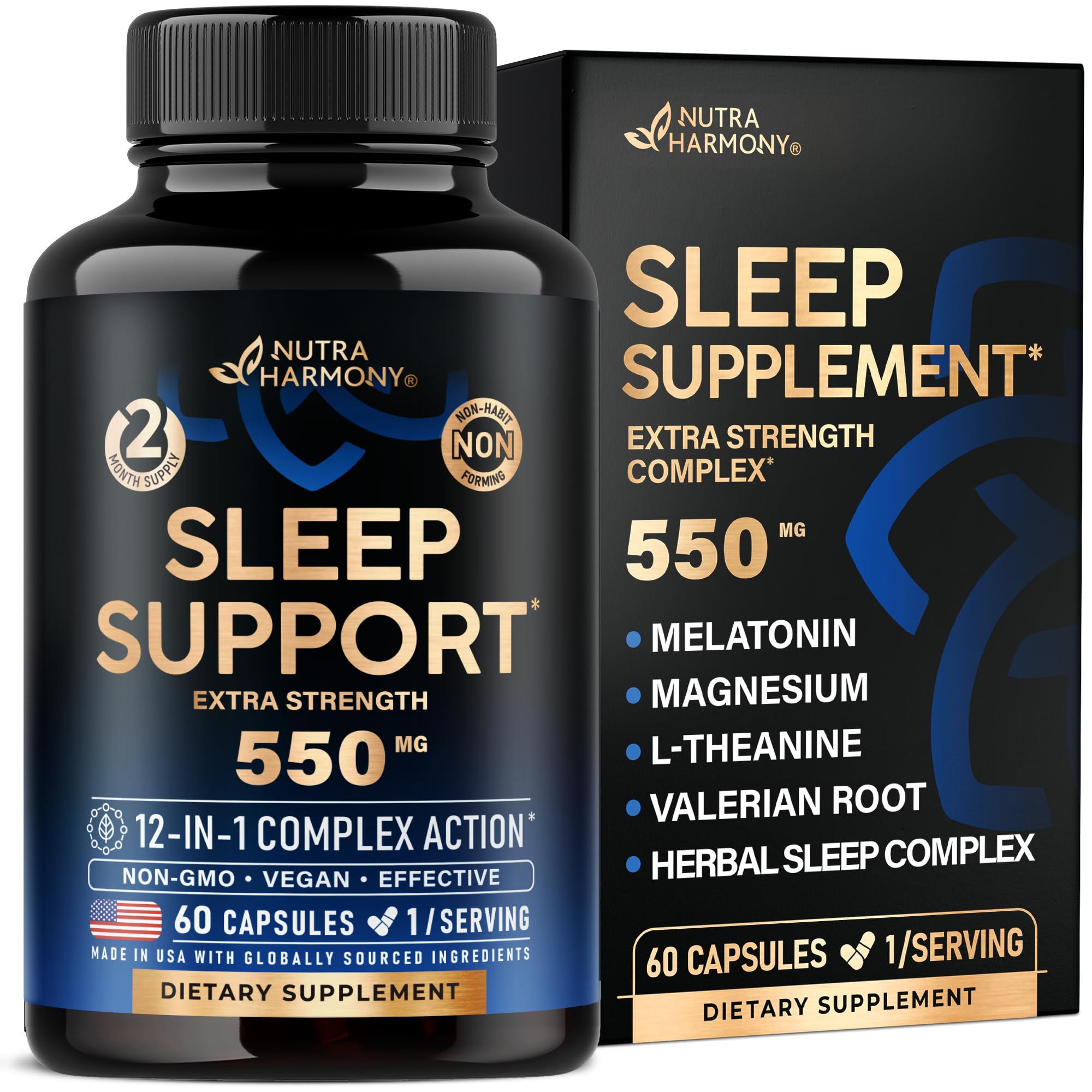 Sleeping Pills for Adults 550mg - Valerian Root for Sleep | Melatonin 3mg | L-Theanine | Magnesium - Natural Sleep Aid Supplement - Non-Habit Forming Rest Support - Made in USA - 1/Day | 60 Capsules