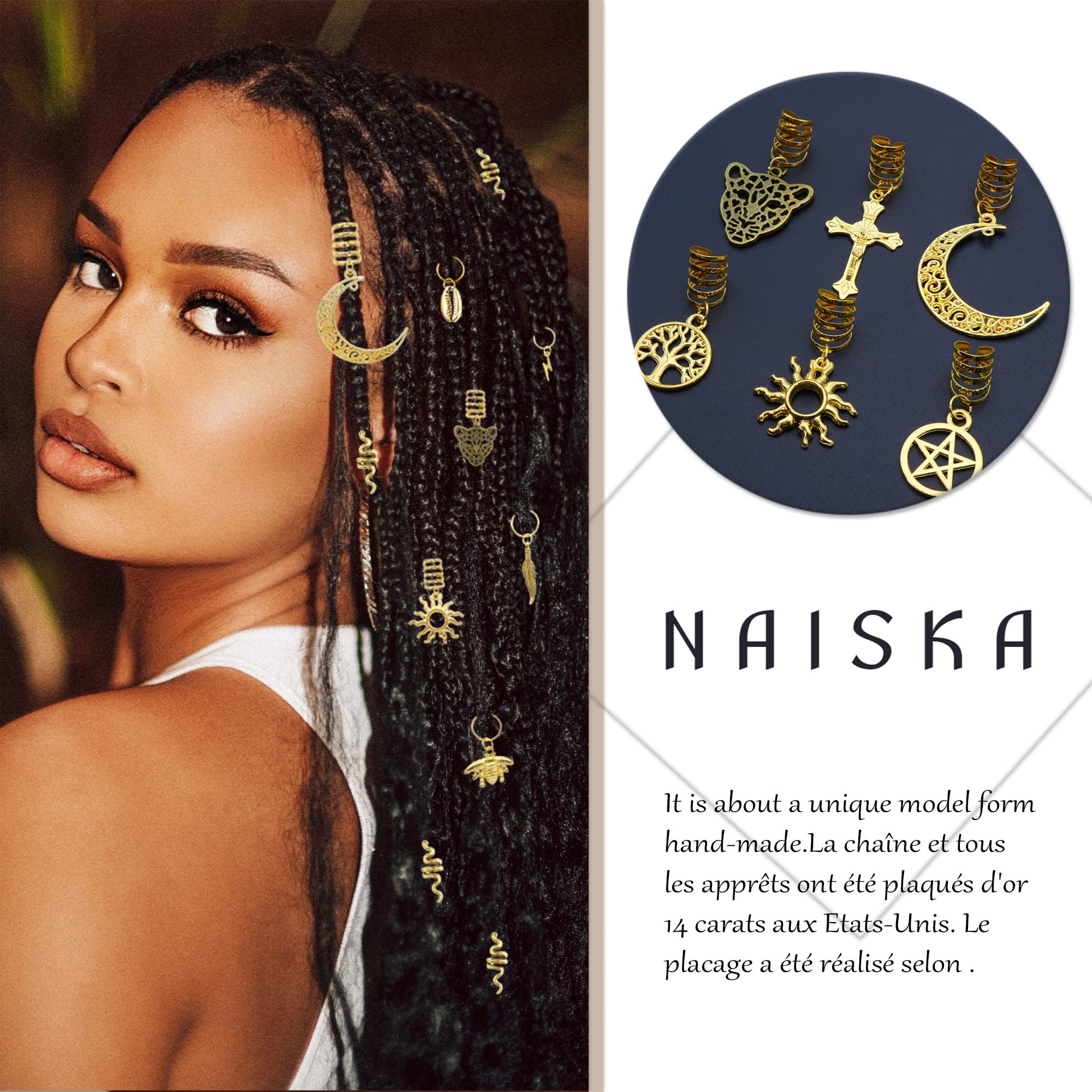 NAISKA 12PCS Moon Hair Accessories Braid Beads Dreadlocks Loc Jewelry for Braids Hair Clip Decoration Hair Beads Cuffs Coils Rings Pendantsï¼Ë†Gold & Silverï¼â€°