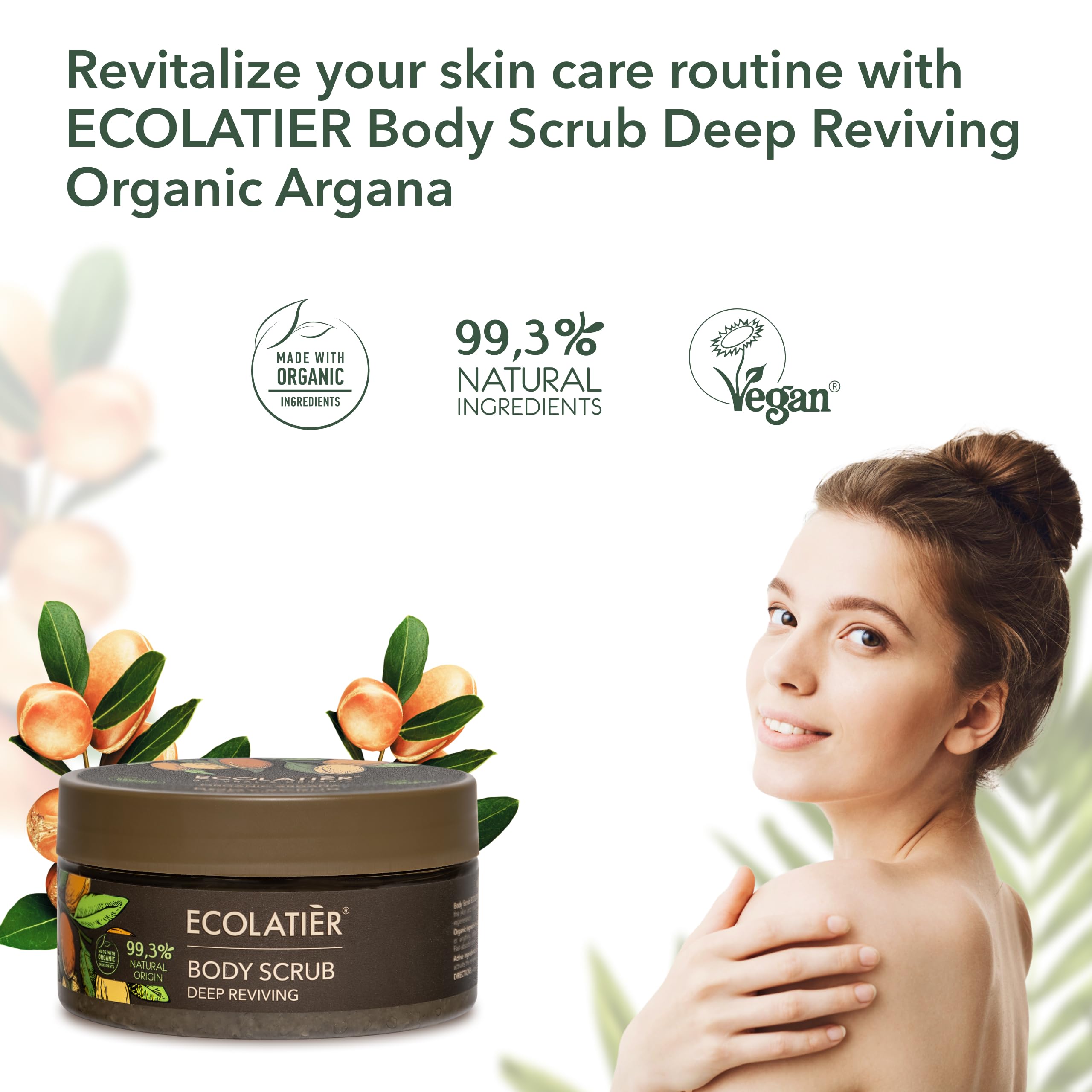 Body Scrub with Organic Argan Oil – Deep Reviving Salt Exfoliating Body Scrub for Women & Men, 99.3% Natural, Vegan, Gentle Hydrating Scrub for Smooth Skin, 8.5 Fl Oz - ECOLATIER