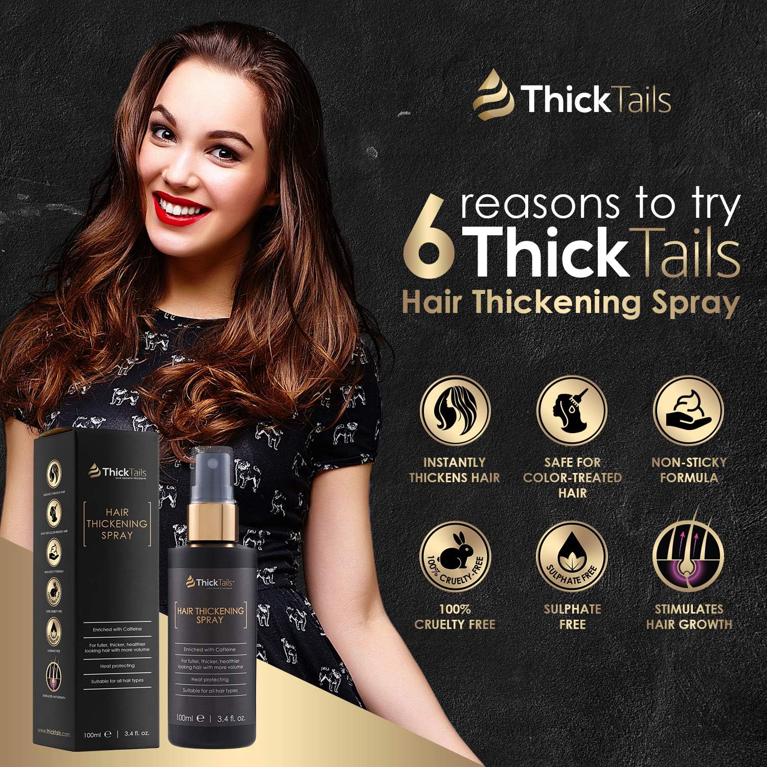 ThickTails Hair Thickening Spray 3.4oz - Get Thicker Hair in Seconds. Hair Thicken Tonic Products for Women. With Caffeine, Keratin for Root Growth. Volumizer Texturizing Styling Hairspray for Volume