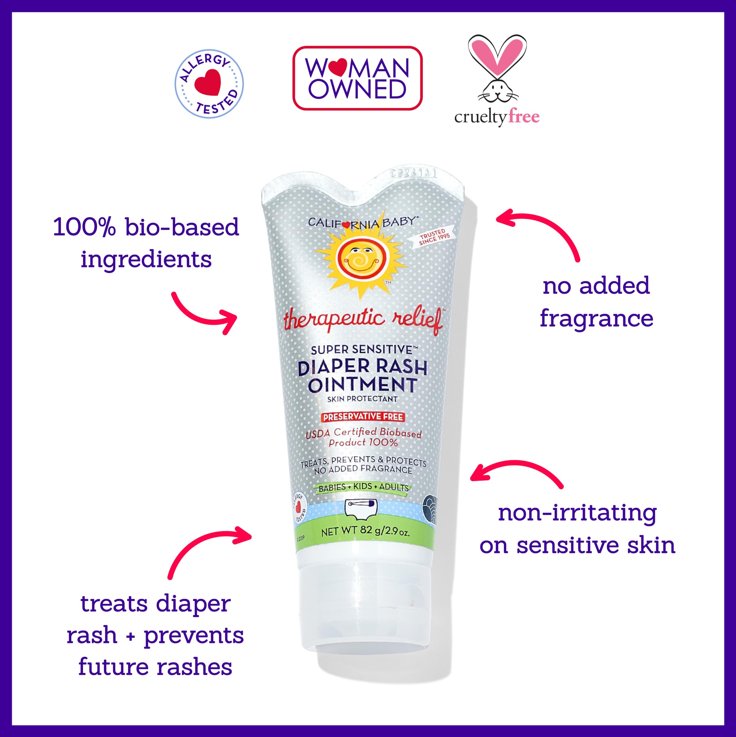 California Baby Super Sensitive Diaper Rash Cream | 100% Bio-Based | Zinc Oxide Ointment | Unscented Diaper Cream | Cloth Diapers Safe | 82 g / 2.9 oz