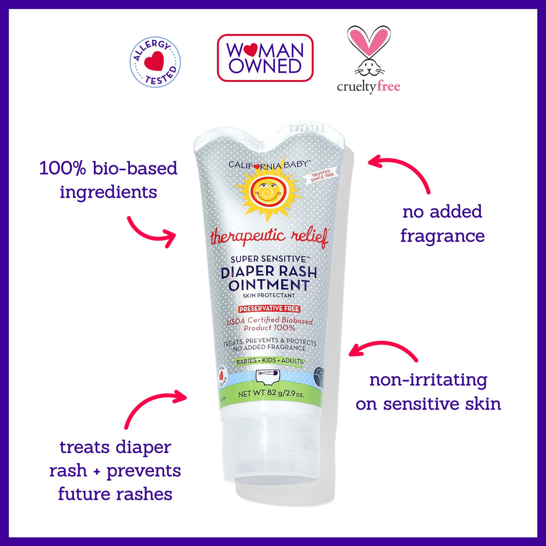 California Baby Super Sensitive Diaper Rash Cream | 100% Bio-Based | Zinc Oxide Ointment | Unscented Diaper Cream | Cloth Diapers Safe | 82 g / 2.9 oz