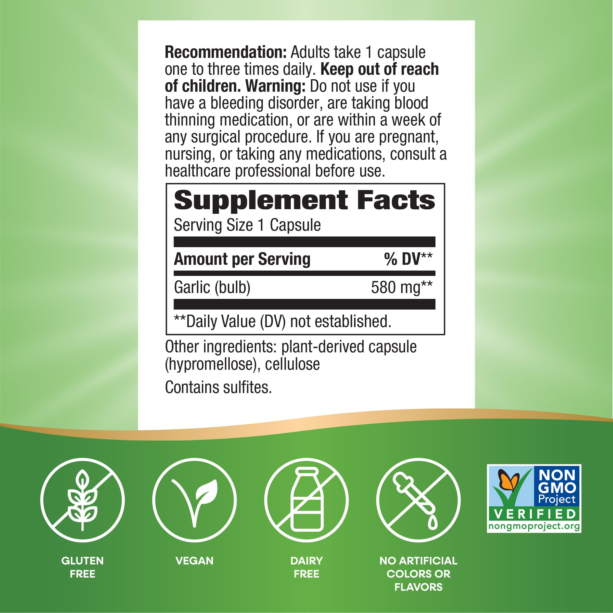 Nature's Way Garlic Bulb, Supports Heart Health*, Non-GMO Project Verified, 580 mg per Serving, Vegan, 100 Capsules (Packaging May Vary)