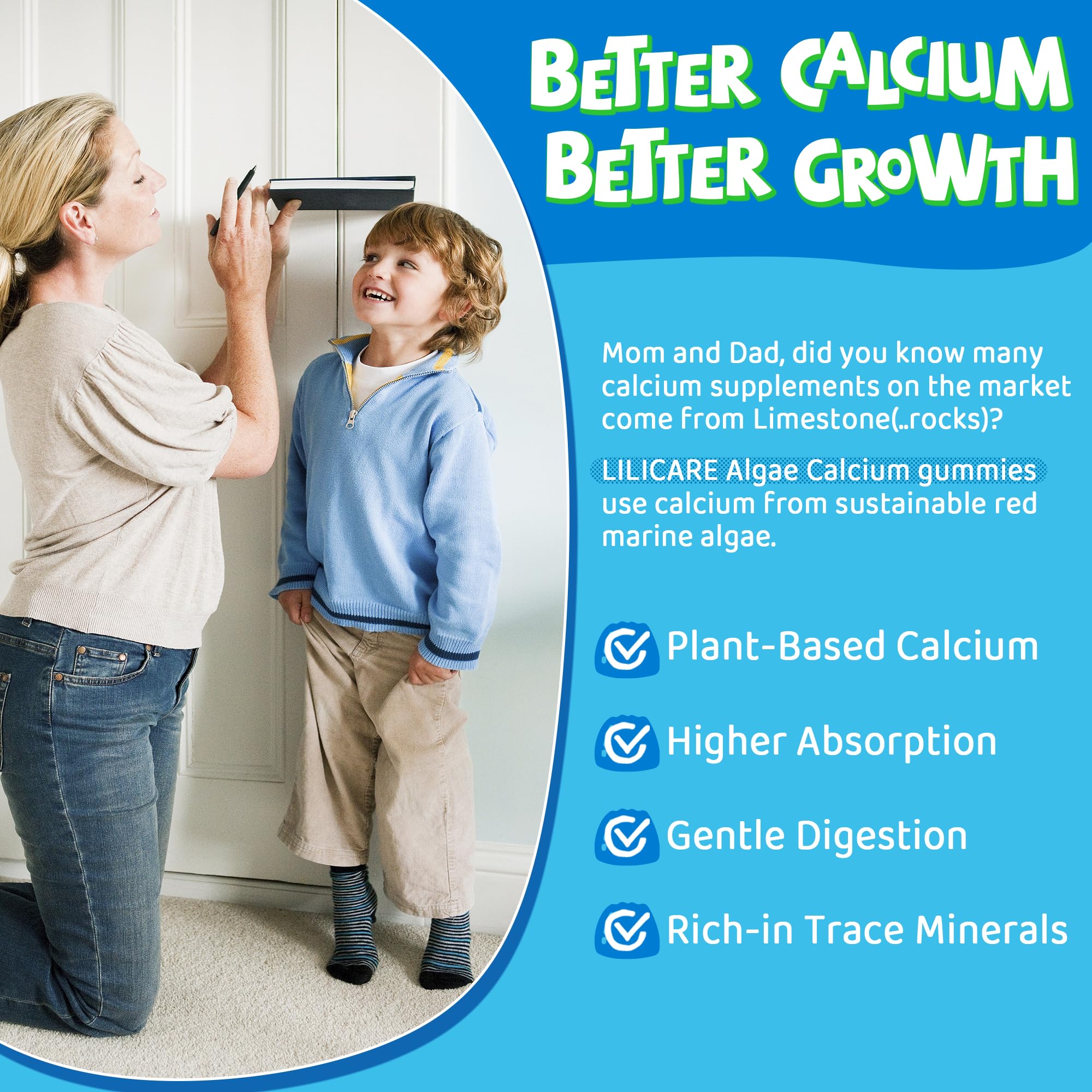 Sugar Free Kids Calcium Gummies with Prebiotics (FOS) 500mg, High Absorption Vegan Algae Calcium for Bone Growth, Kids Vitamin Gummies for Healthy Development with D3 K2, Grape Flavor, Non-GMO, 60 Cts