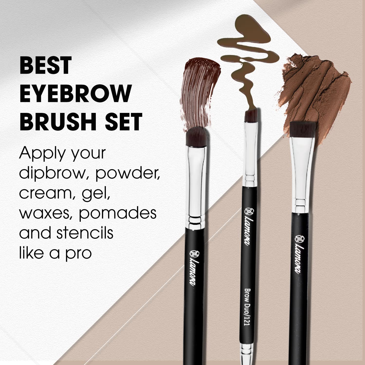 Eyebrow Brush - Duo Eye Brow Spoolie - Angled Eyeshadow Eyeliner - Precision Flat Definer - Small Shader - Premium Quality 3 Piece Set - Cruelty Free Synthetic Bristles - Apply Gel Powder Wax Pomade