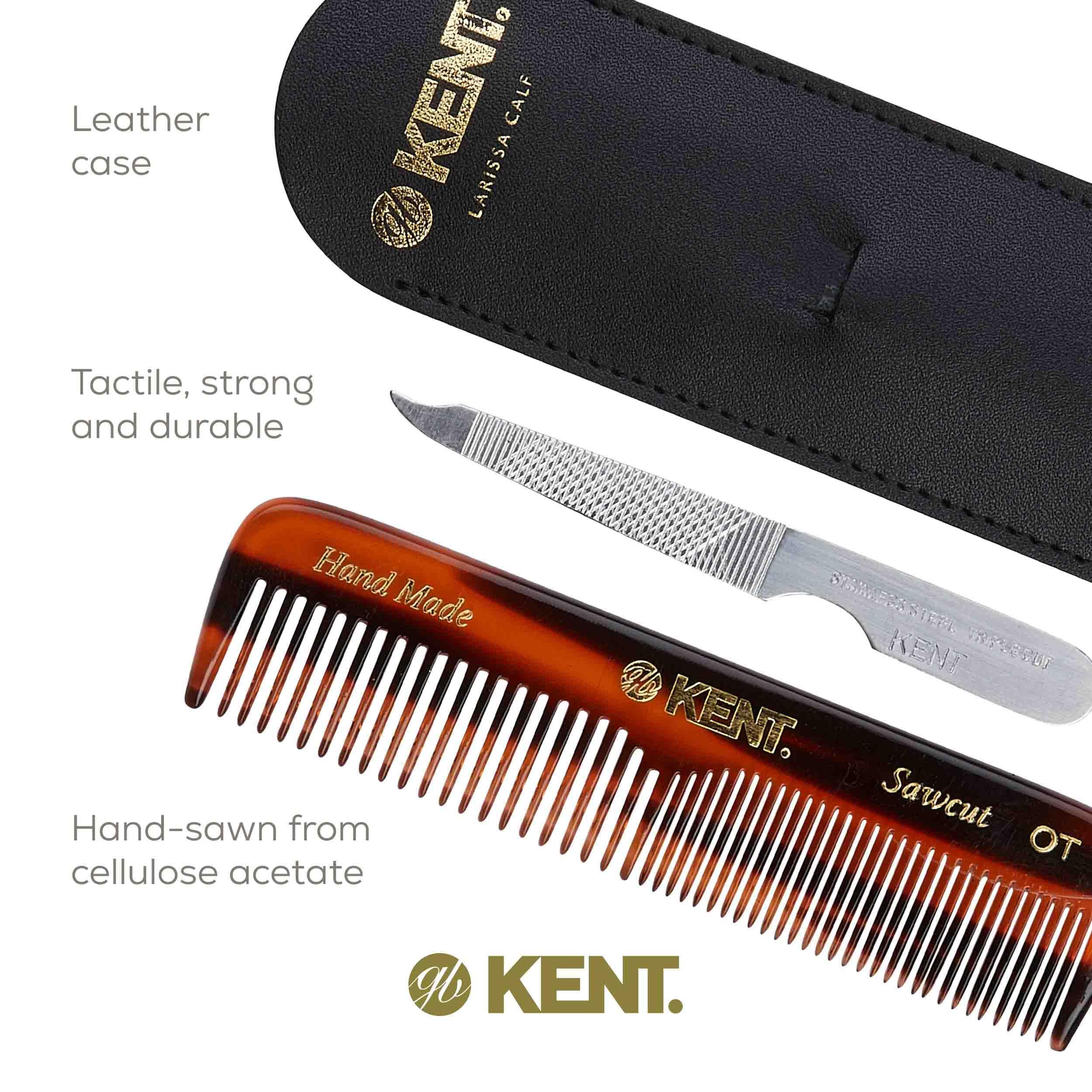 Kent Authentic Handmade Pocket Comb with Metal File and Real Calf Leather Case, Dark Brown, 110mm