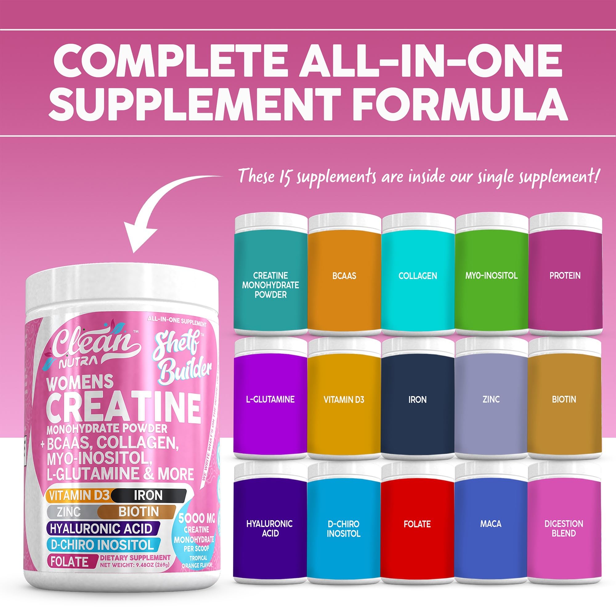 Creatine for Women | Creatine Monohydrate + BCAA Powder Myo-Inositol Collagen Biotin Hyaluronic Acid Folate L Glutamine Vitamin D3 Iron Zinc D-Chiro-Maca Digestion Shelf Builder by Clean Nutra