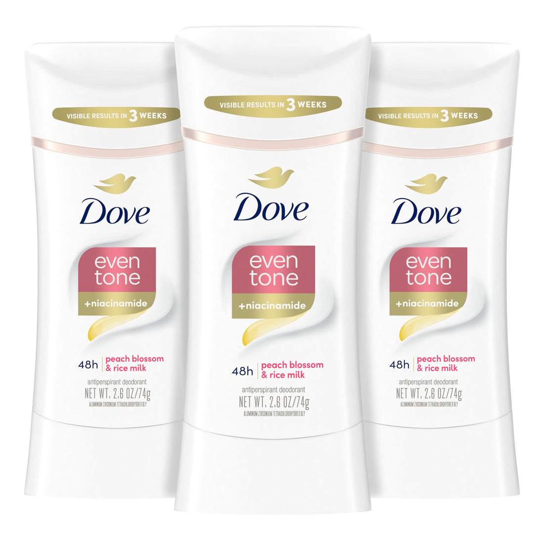 Dove Even Tone Antiperspirant Deodorant for Uneven Skin Tone Rejuvenating Blossom Sweat Block for All-Day Fresh Feeling, 2.6 oz, Pack of 3