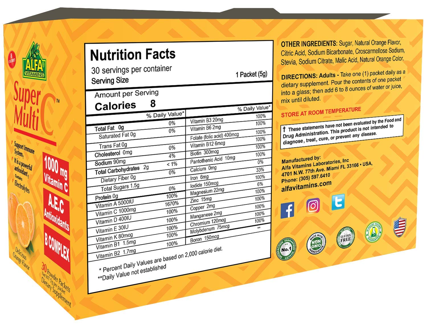 ALFA VITAMINS Super Multi C, Vitamin C Powder and Multivitamin Supplement Premium Quality Source of Nutrients, Minerals, Antioxidants & Electrolytes - 30 Packets