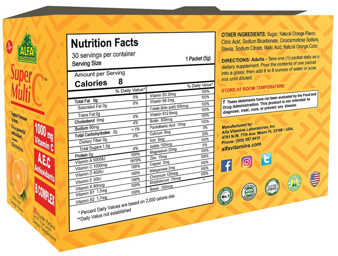 ALFA VITAMINS Super Multi C, Vitamin C Powder and Multivitamin Supplement Premium Quality Source of Nutrients, Minerals, Antioxidants & Electrolytes - 30 Packets