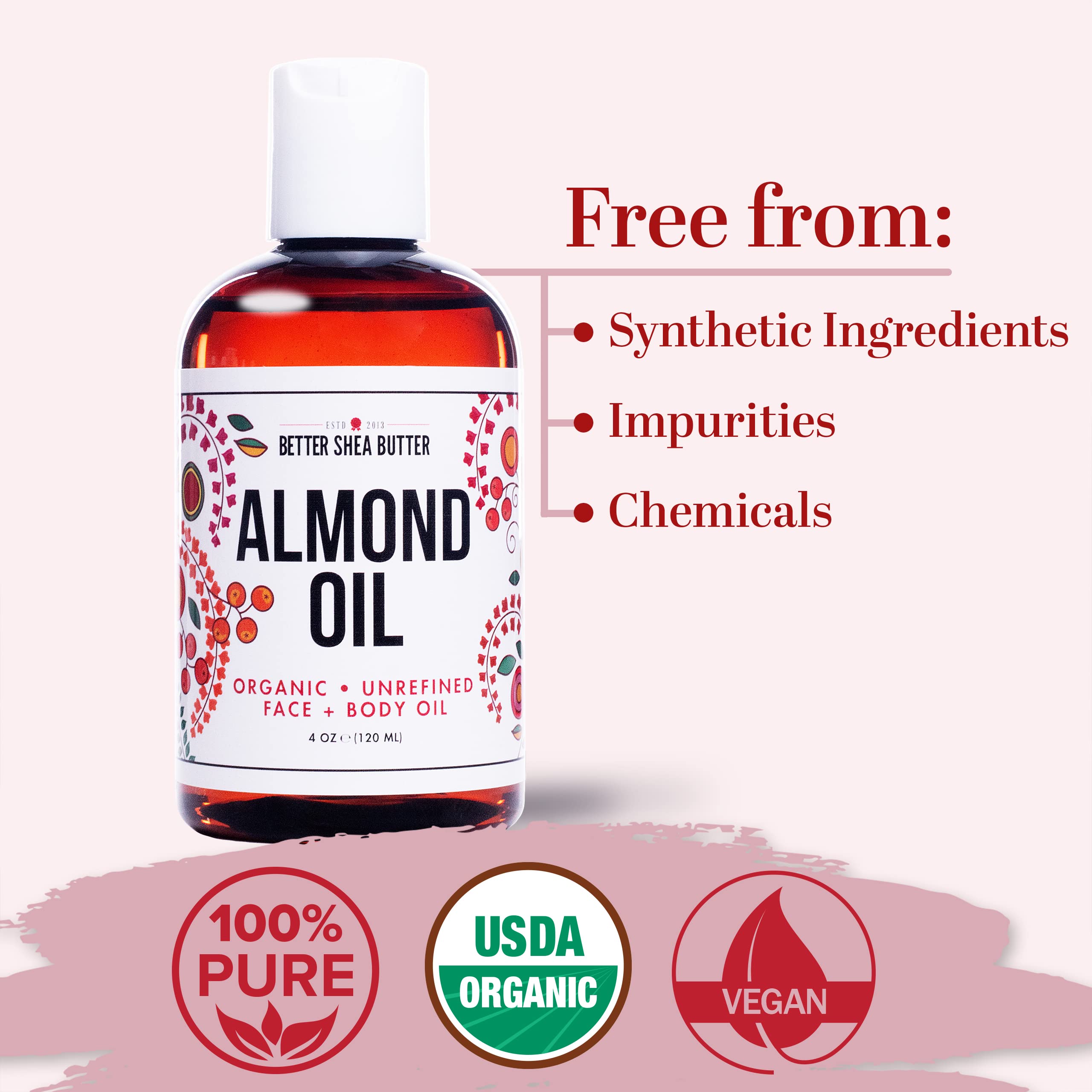 Better Shea Butter Organic Almond Oil | 100% Pure, Cold-Pressed | Natural Massage Oil for Body and Face | 4 oz