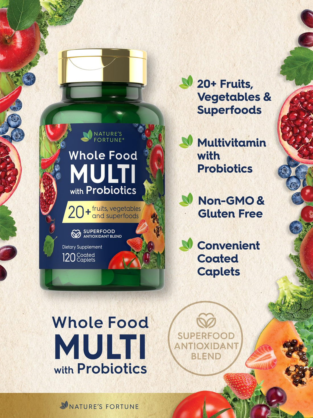 Nature's Fortune Whole Food Multivitamin with Probiotics | 120 Coated Caplets | Made with 20 Fruits and Vegetables | Non-GMO & Gluten Free Supplement