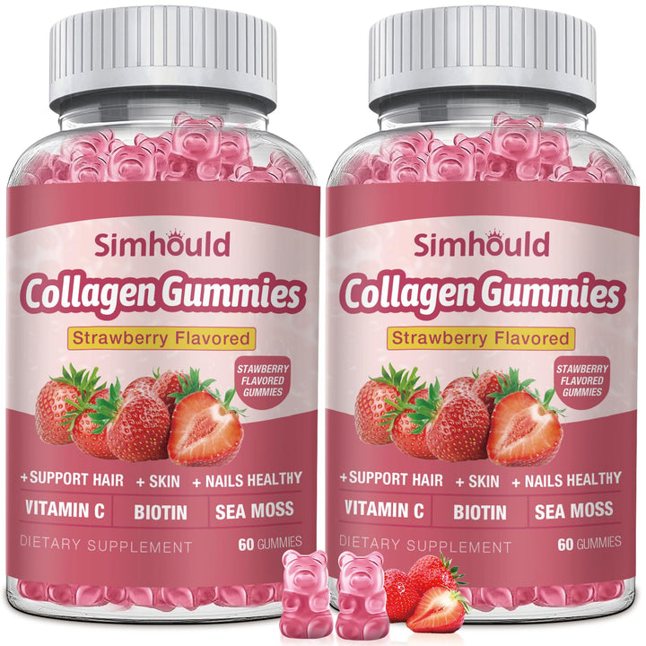 Simhould 2 Packs Vegan 2500Mg Collagen Gummies for Women Anti Aging, Skin, Hair Nails, Collagen Types 1 and 3, Biotin, Sea Moss for Men - Sugar Free, Non-GMO, 120 Counts Collagen Supplements Gummies