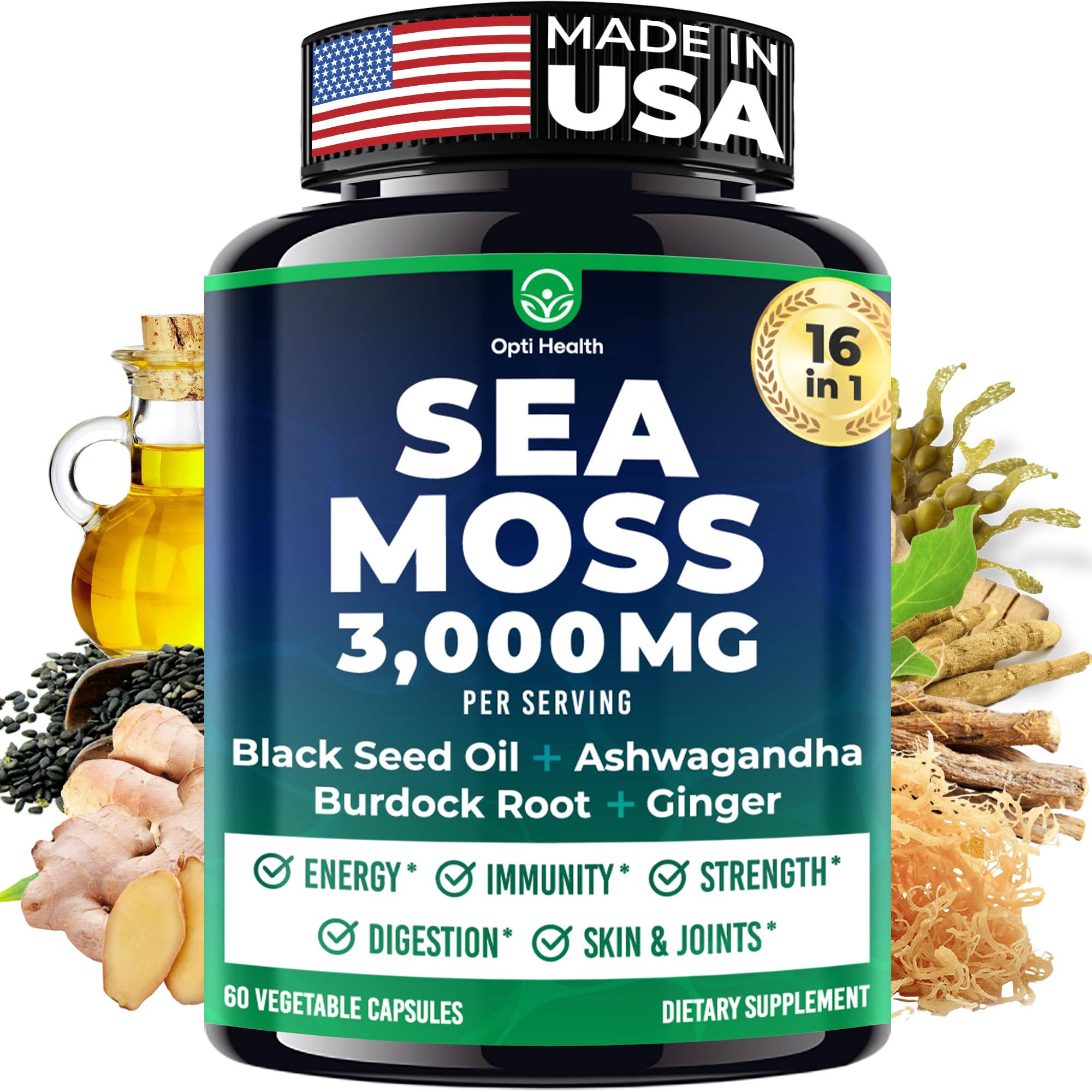 Sea Moss Black Seed Oil Ashwagandha Ginger - Advanced Irish Sea Moss Capsules All in One Supplement with Seamoss Black Seed Oil Ashwagandha Burdock Root Bladderwrack - Pills for Energy, Immune, Gut