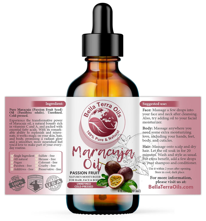 Bella Terra Oils - Maracuja Seed Oil 4oz - Dive into The Passion Fruit's Nutritional Profile, Enriched with Vitamin A & Essential Fatty Acids, for Natural Skin Nourishment