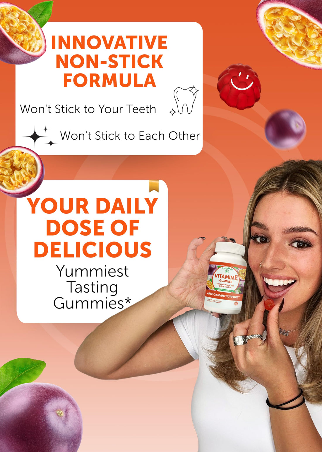 Lunakai USA Made Vitamin E Gummies 400IU with Vitamin C - Delicious, Vegan, Non-GMO Supplement for Daily Skin & Eye Support, 60ct