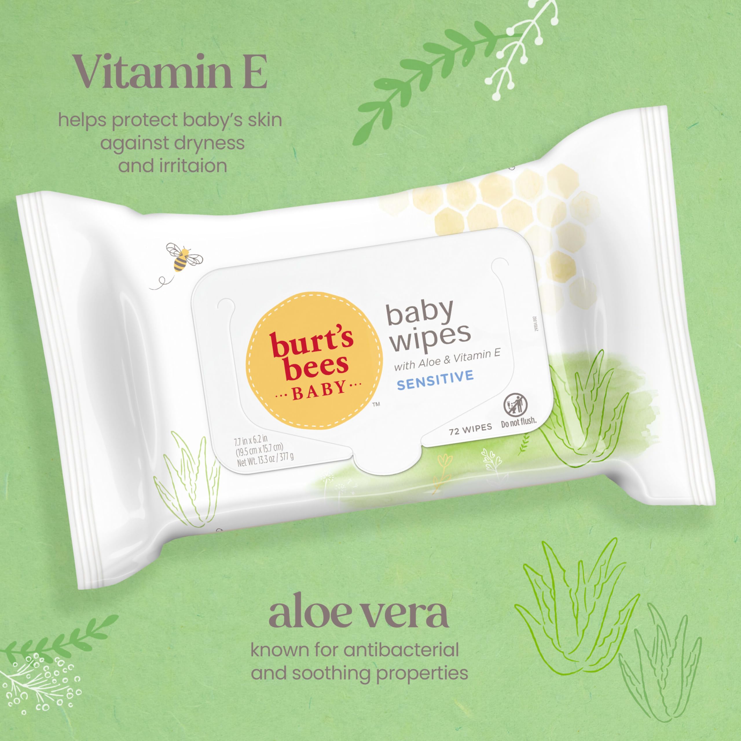 Burt’s Bees Baby Wipes, Unscented Natural Wipes for Sensitive Skin with Aloe and Vitamin E - 72 Wipes