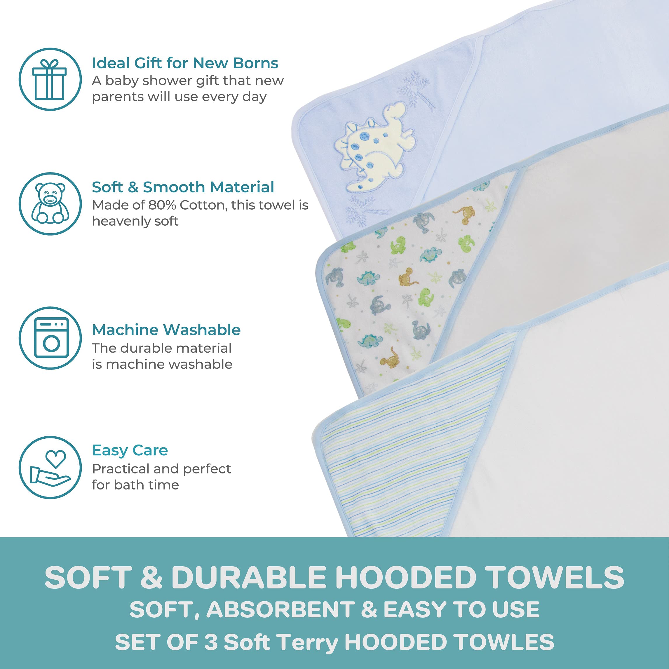 Spasilk Baby 3 Pack Soft Terry Hooded Towel Set for Newborn Boys and Girls Blue Dino, 26x30 Inch, (301-008)