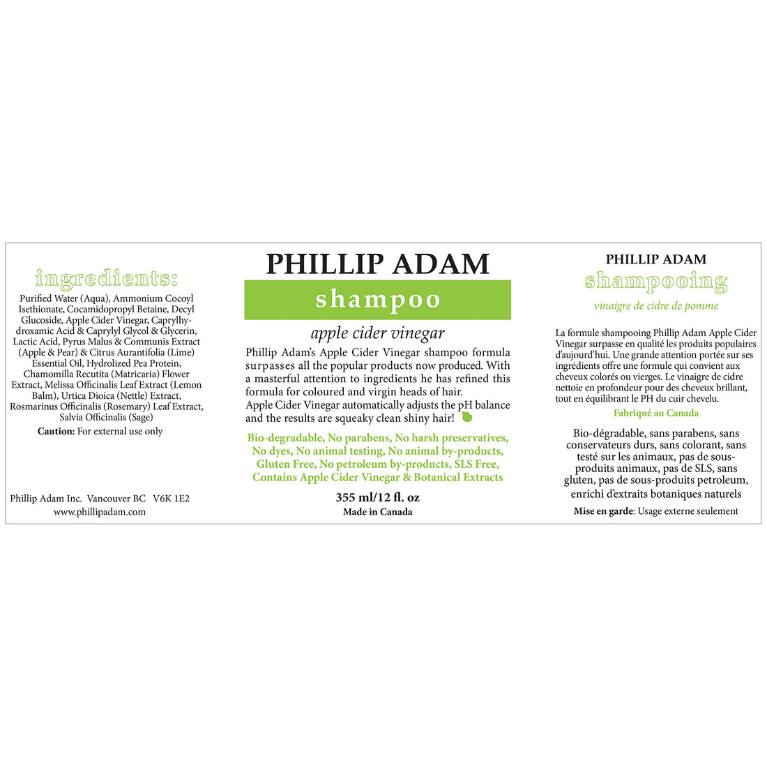 Phillip Adam Apple Cider Vinegar Shampoo and Conditioner Set for All Types of Hair - Sulfate Free - pH Balancing - 12 Ounce Each
