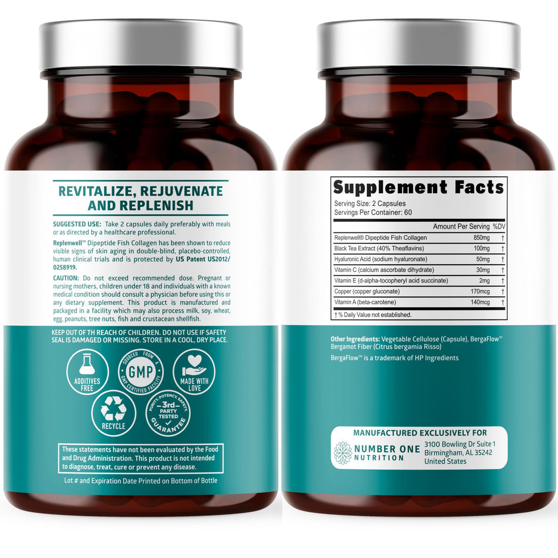 Premium Marine Collagen Dipeptides with Hyaluronic Acid, Vitamin C, Theaflavin and Copper, Collagen Supplement for Women and Men for Radiant Skin, Hair & Nails, Gluten Free and Non-GMO, 120 Veg Caps