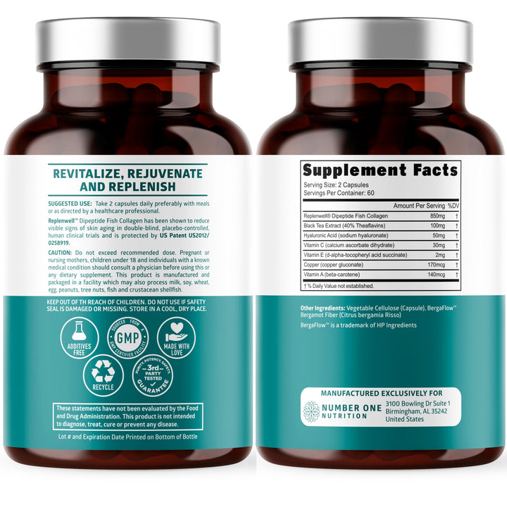 Premium Marine Collagen Dipeptides with Hyaluronic Acid, Vitamin C, Theaflavin and Copper, Collagen Supplement for Women and Men for Radiant Skin, Hair & Nails, Gluten Free and Non-GMO, 120 Veg Caps