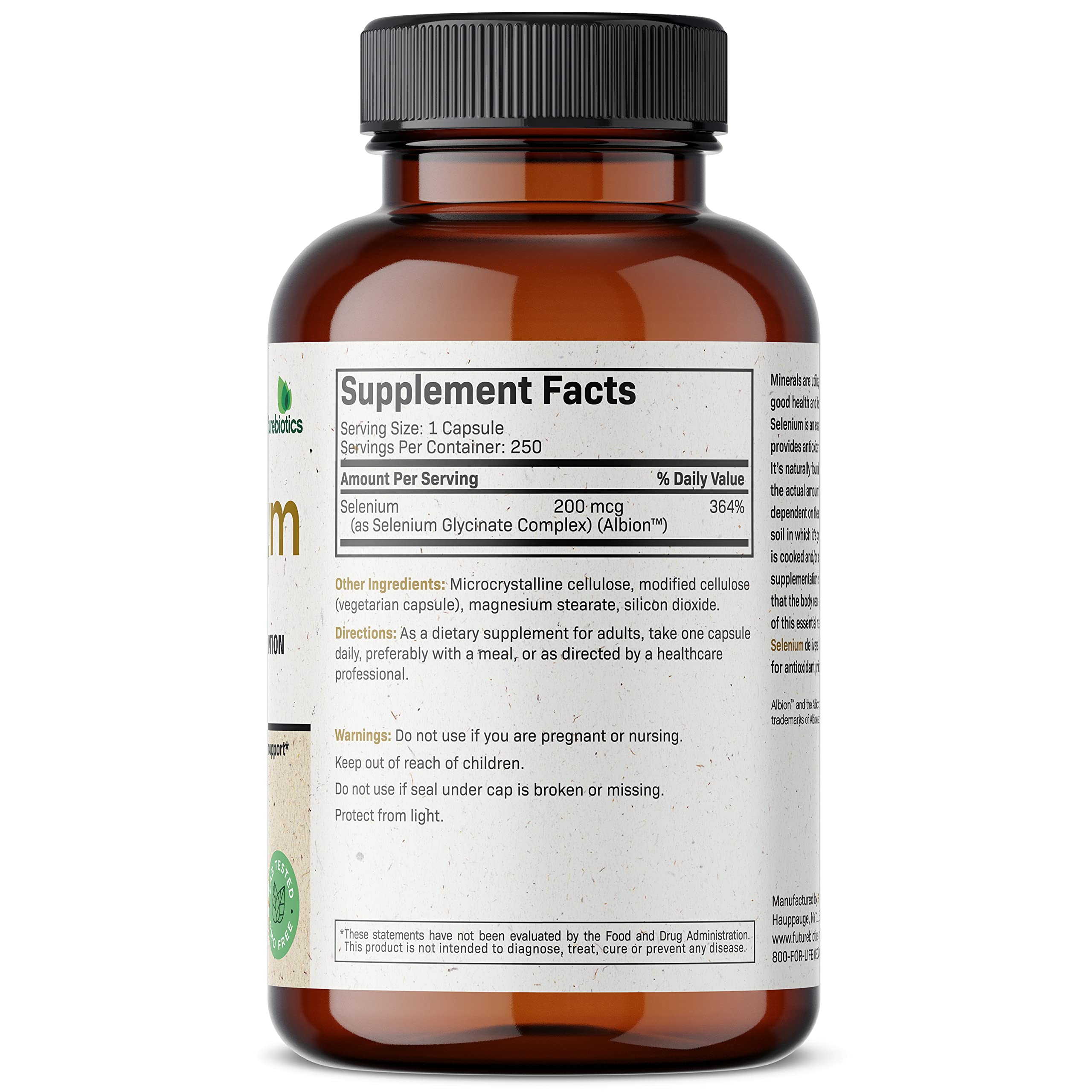 Futurebiotics Selenium 200 mcg - Selenium Amino Acid Complex - Essential Trace Mineral with Superior Absorption, Non GMO, 250 Capsules