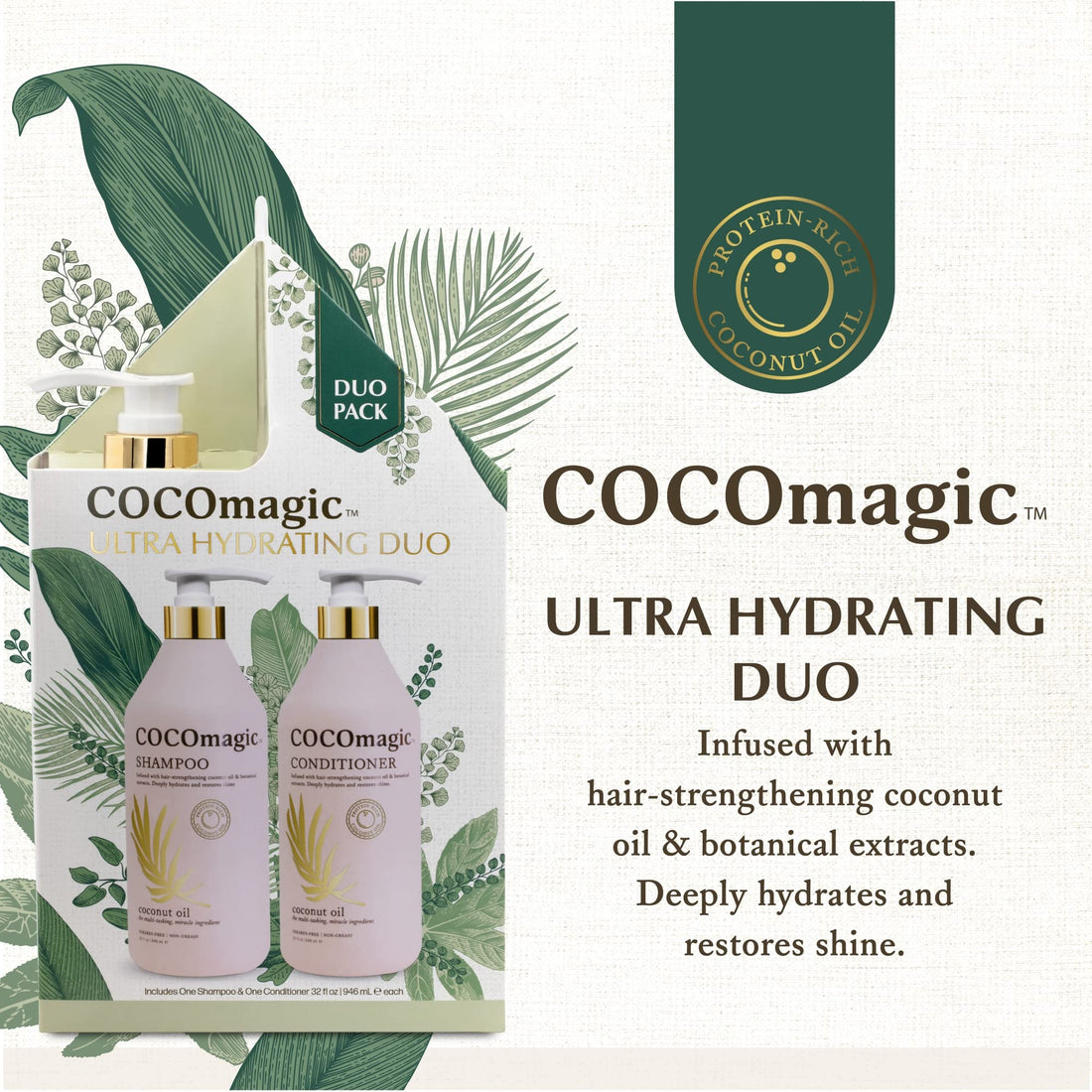 CocoMagic Shampoo and Conditioner Duo - Infused with Coconut Oil & Botanical Extracts - Deeply Hydrates and Restores Shine (32 oz)