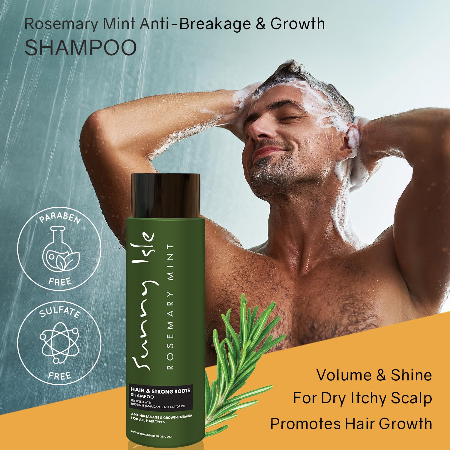 Sunny Isle Rosemary Mint Hair & Strong Roots Shampoo 12oz | Anti-Breakage & Growth Formula | Infused with Biotin & Jamaican Black Castor Oil | All Hair Types
