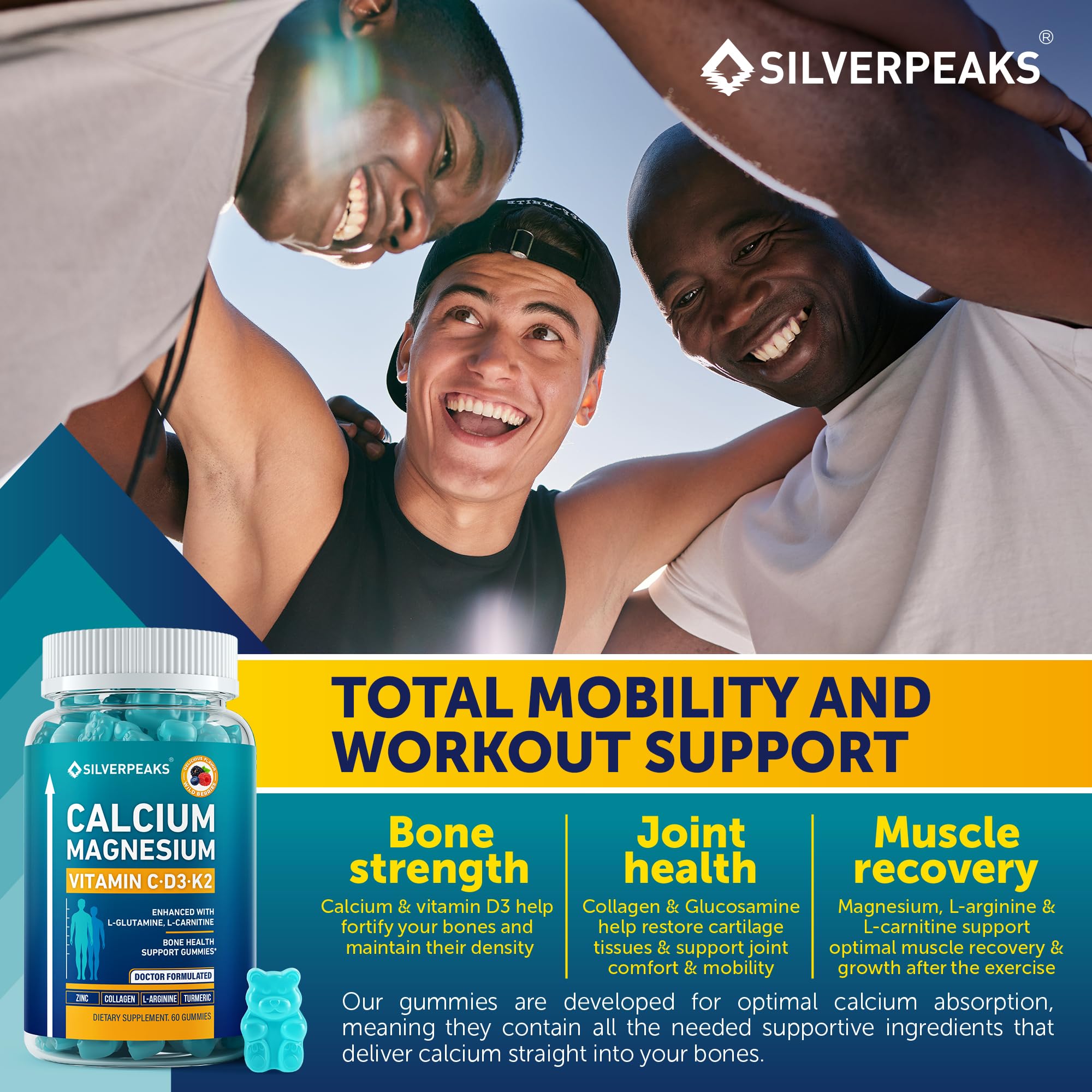 SILVERPEAKS Calcium Magnesium Gummies – Bone & Immune Support for Women & Men with Vitamin D3, K2, Zinc & Collagen – Natural Multi-Vitamin Supplement for Strong Bones & Overall Wellness – 60 Chews