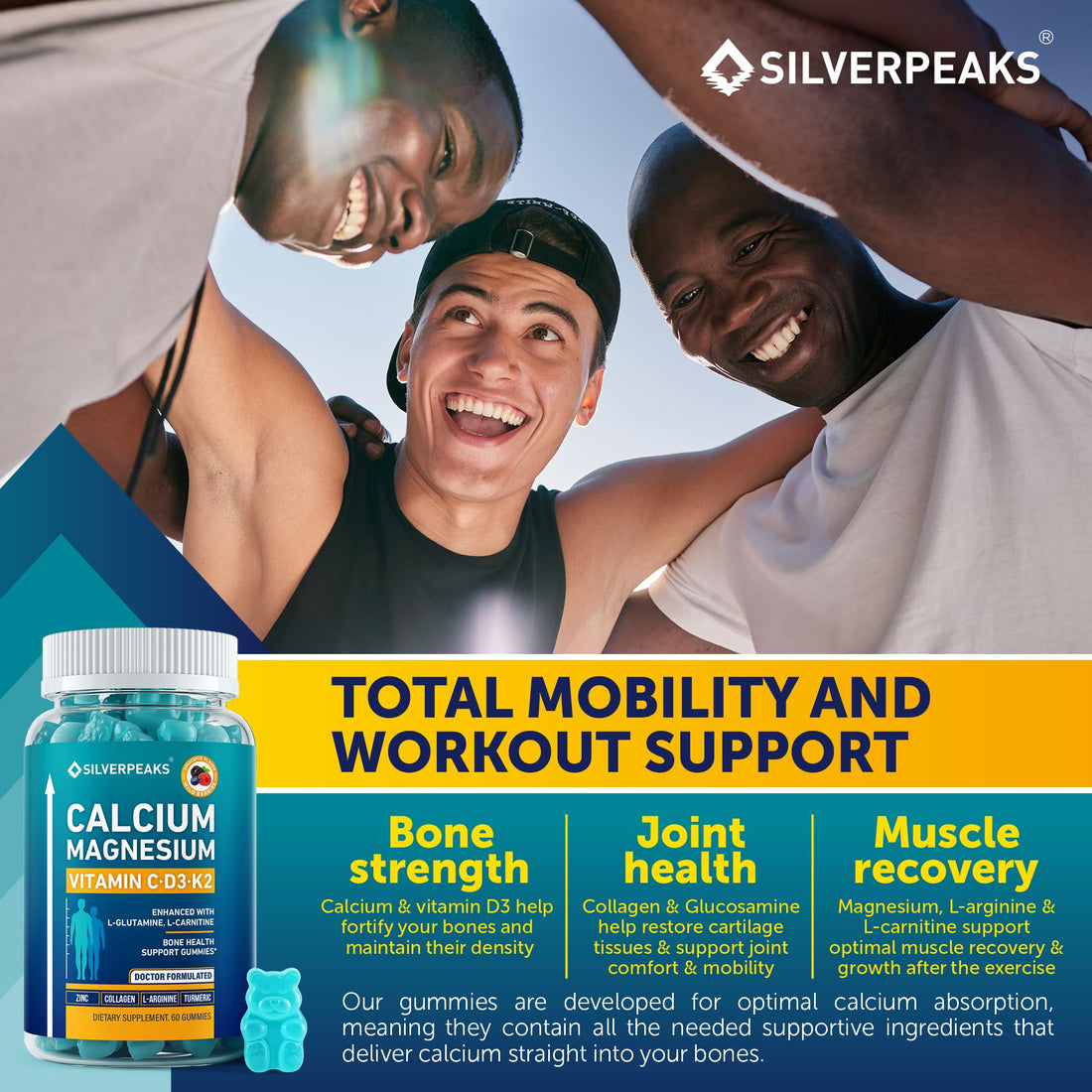 SILVERPEAKS Calcium Magnesium Gummies – Bone & Immune Support for Women & Men with Vitamin D3, K2, Zinc & Collagen – Natural Multi-Vitamin Supplement for Strong Bones & Overall Wellness – 60 Chews