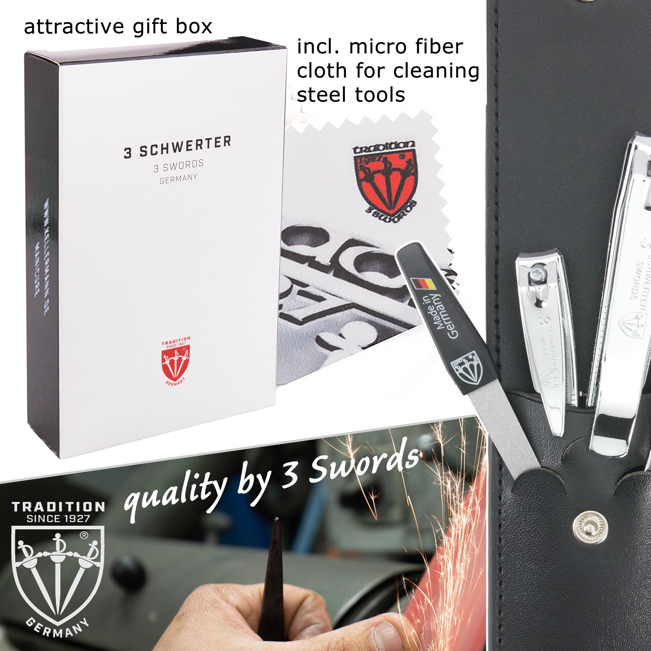 3 Swords Germany - Brand Quality 4 Piece Manicure Pedicure Grooming kit Set for Professional Finger & Toe Nail Care Tweezers File Clipper Fashion Leather case in Gift Box, Made by 3 Swords (77211)