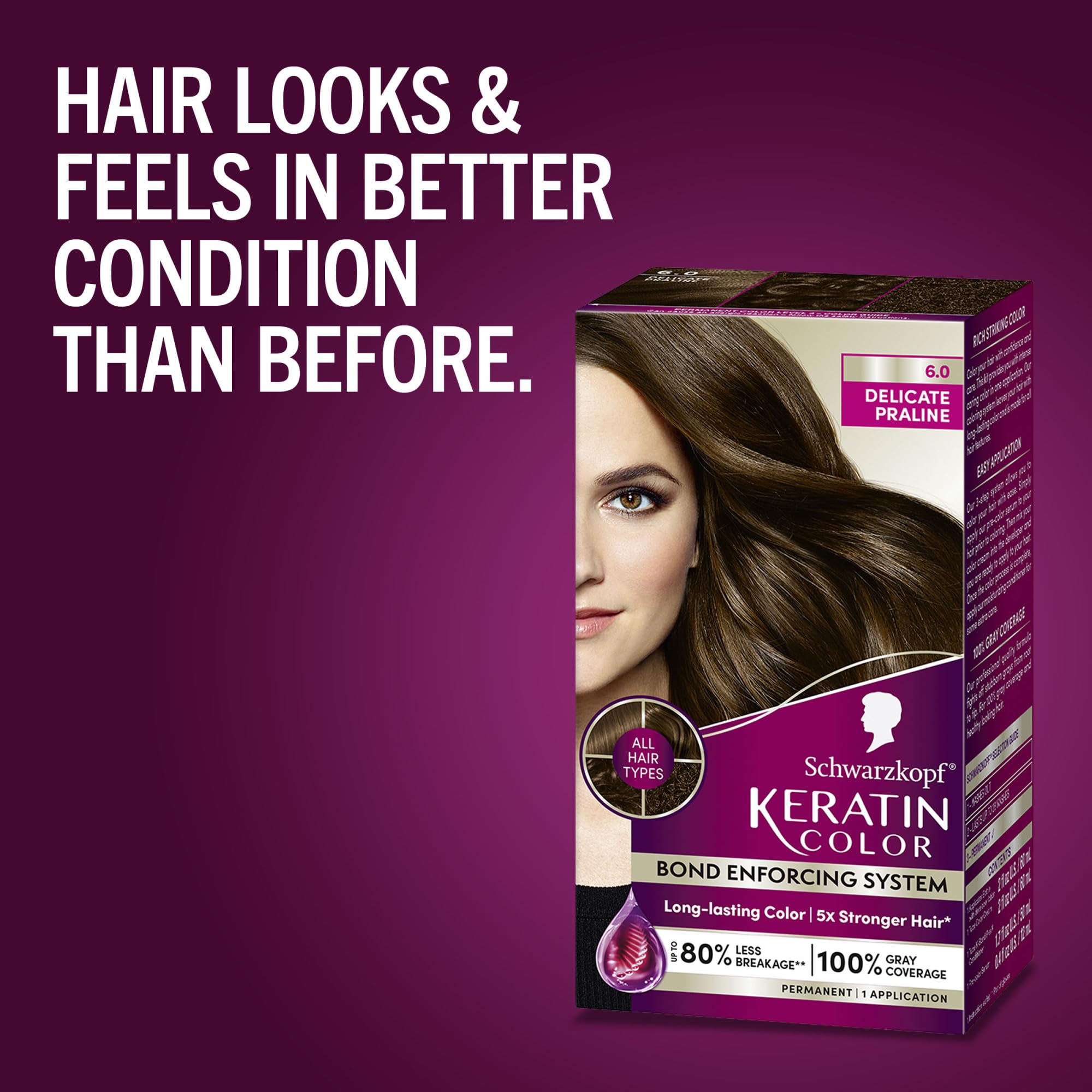 Schwarzkopf Keratin Permanent Hair Color, 6.0 Delicate Praline, 1 Application - Professionally Inspired Permanent Hair Dye, for up to 80% Less Breakage vs Untreated Hair and up to 100% Gray Coverage
