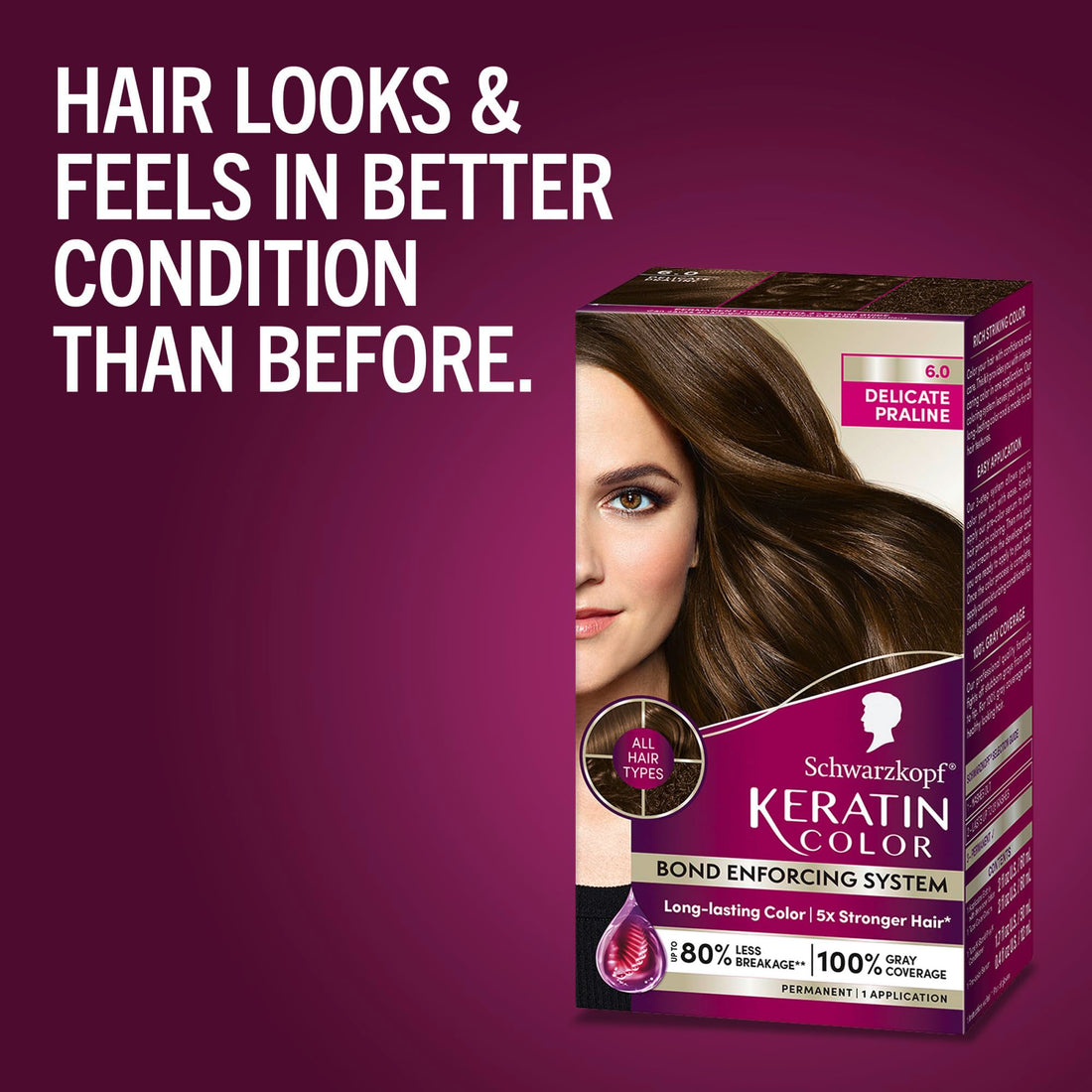 Schwarzkopf Keratin Permanent Hair Color, 6.0 Delicate Praline, 1 Application - Professionally Inspired Permanent Hair Dye, for up to 80% Less Breakage vs Untreated Hair and up to 100% Gray Coverage