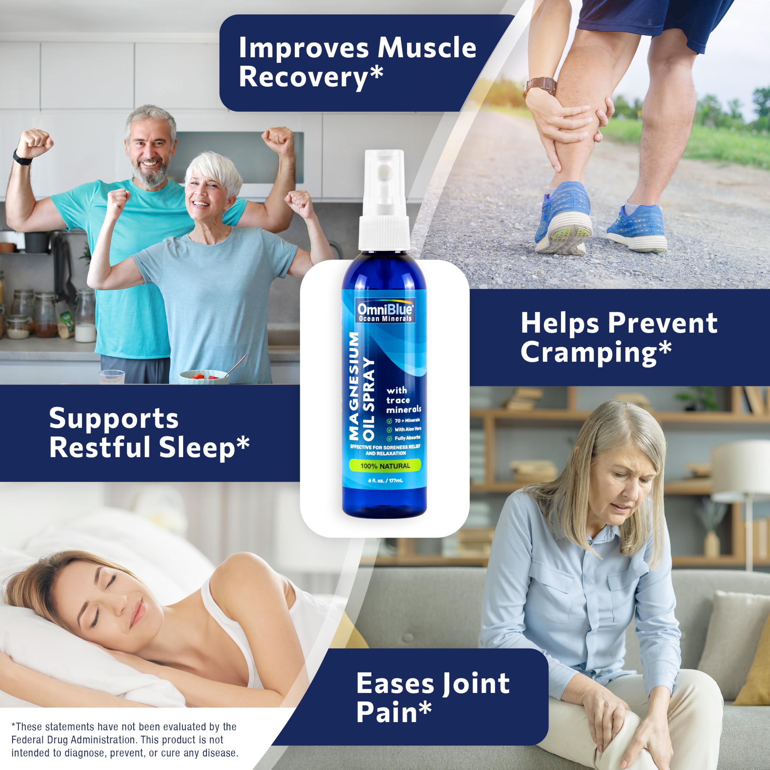 100% Natural Magnesium Oil and Ocean Minerals Spray | Complete Mineral Replenishment | Pure Magnesium | Organic Aloe Vera | Complete Fast Absorption | 6 oz