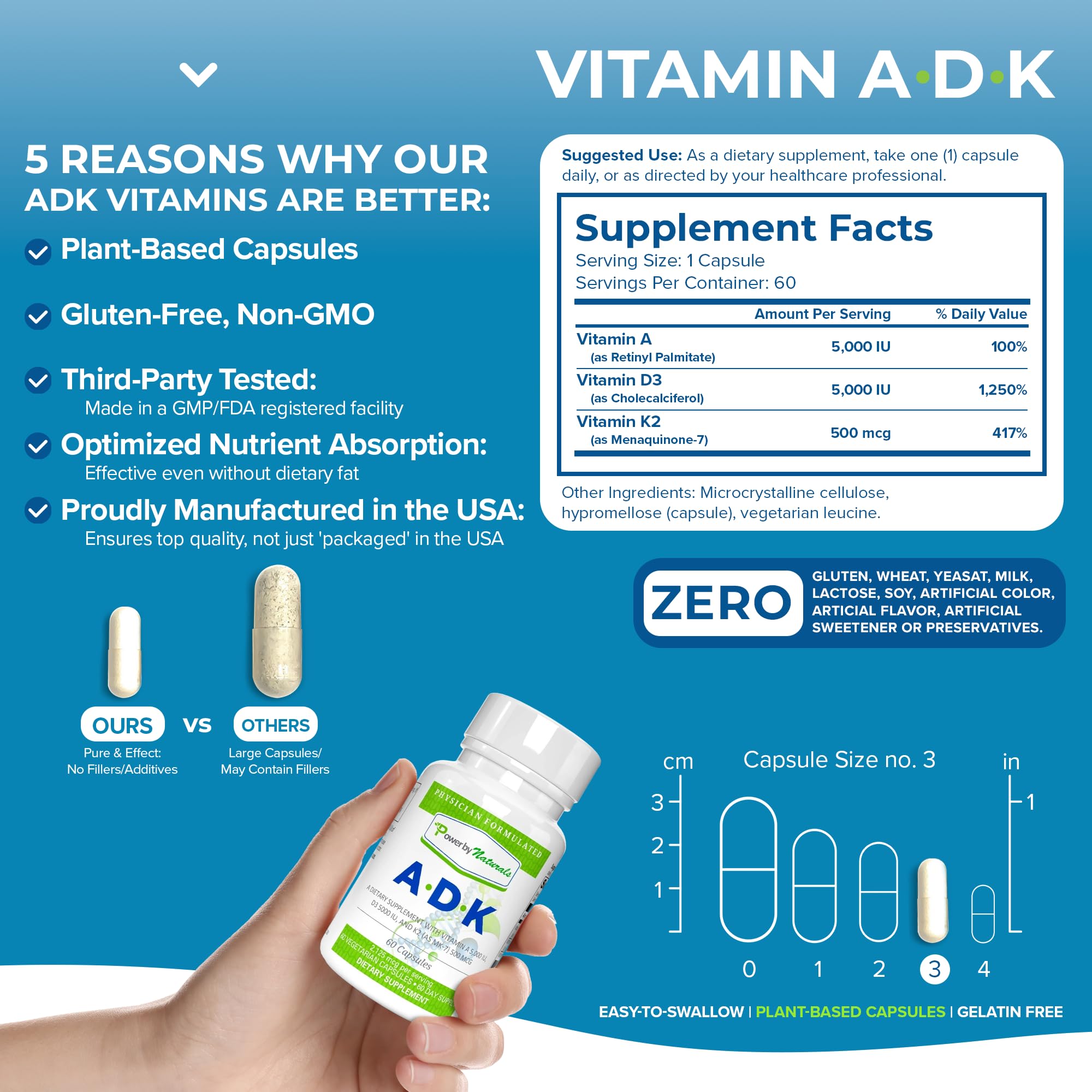 Power By Naturals ADK Vitamin Supplement: Vitamin A, Vitamin D3 5000 iu, and Vitamin K2 MK-7, Support Bone Health Vitamin ADK Supplement, Pure Vitamin D with K & A, 60 Capsules (2 Month Supply)