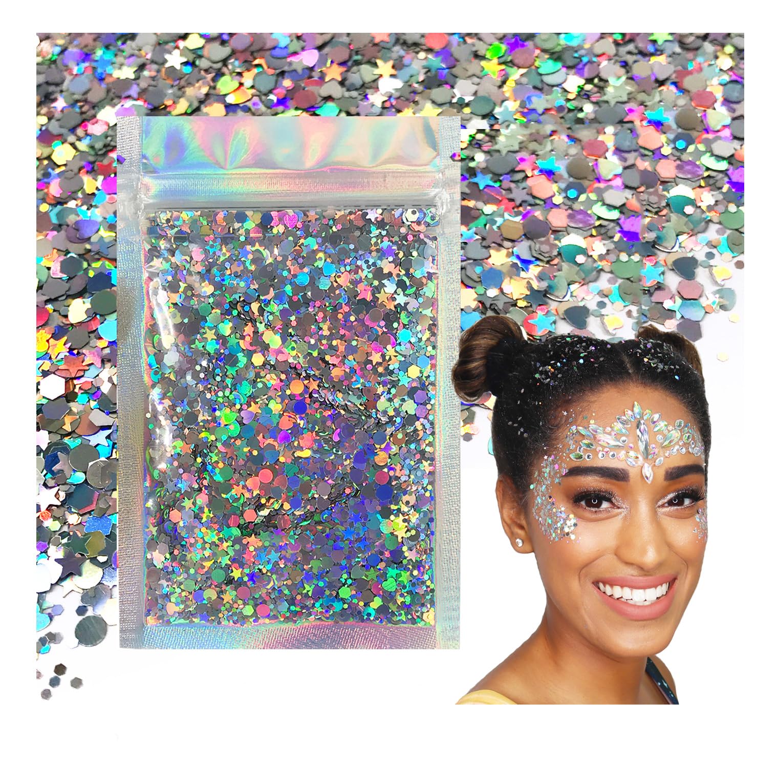 Holographic Silver Body Glitter. 15g Chunky Face Glitter, Hair Glitter, Eye Glitter and Body Glitter, Rave Glitter, Festival Accessories, Cosmetic Glitter Makeup. Loose Glitter Set
