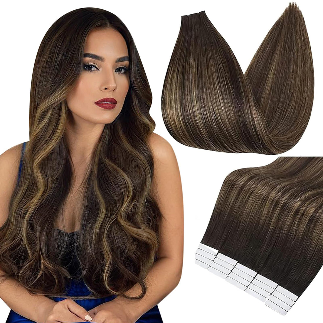 Fshine Tape In Human Hair 16 Inch Glue On Hair Extensions 50 Gram PU Tape In Hair Extensions Straight Silky Hair Color 2 Fading to 8 Highlight 2 Darkest Brown Double Sided Tape In Hair Extensions