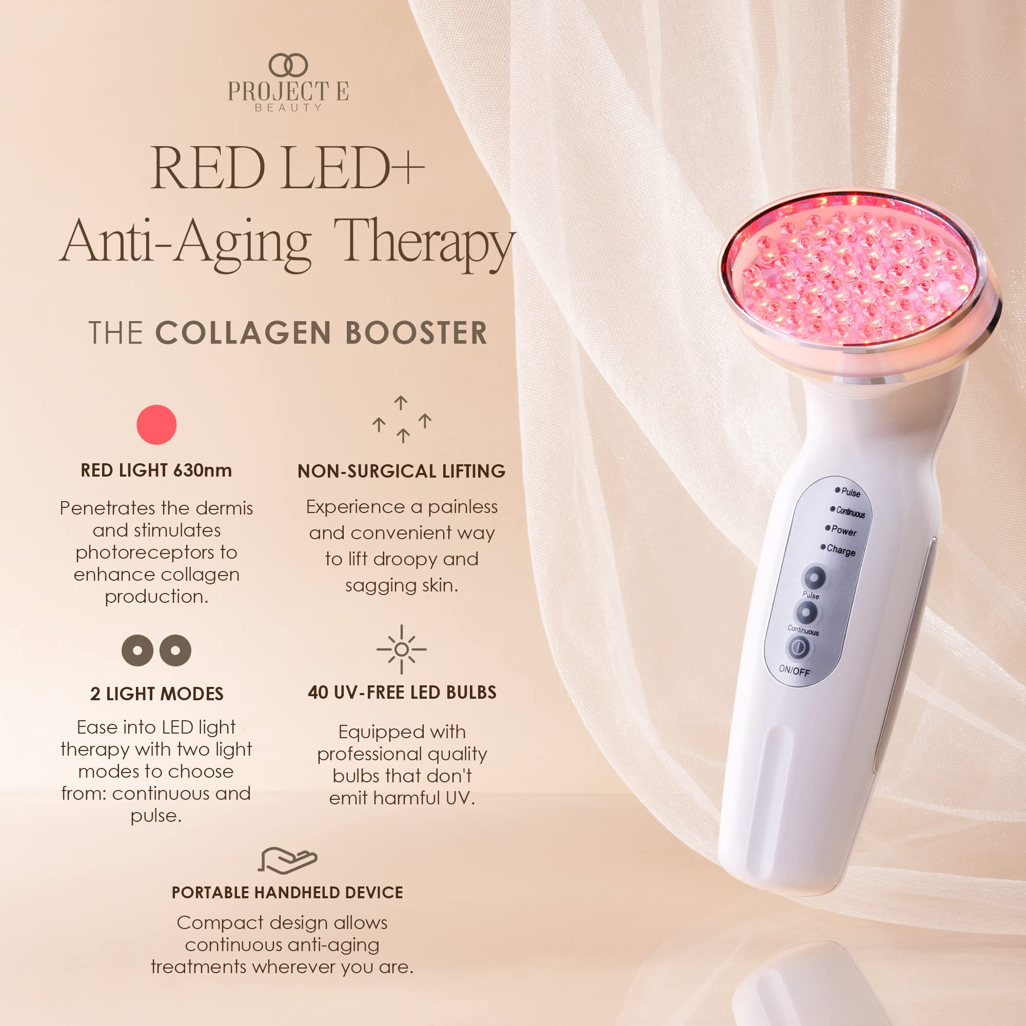 RED LED+ Anti-Aging Therapy by Project E Beauty | Collagen Boosting | Instant Firming and Lifting | Reduces Fine Lines & Wrinkles | Tightens & Tones | Rechargeable & Portable (Red LED Therapy)