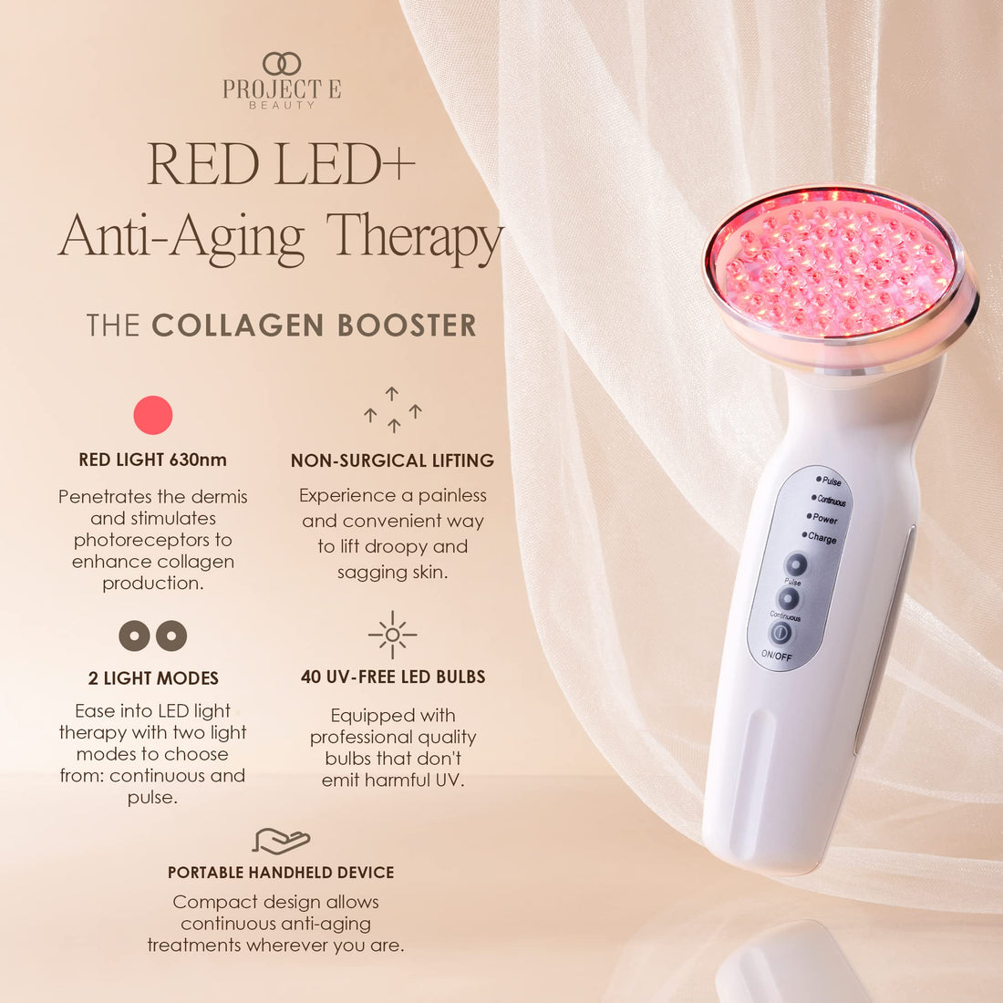 RED LED+ Anti-Aging Therapy by Project E Beauty | Collagen Boosting | Instant Firming and Lifting | Reduces Fine Lines & Wrinkles | Tightens & Tones | Rechargeable & Portable (Red LED Therapy)