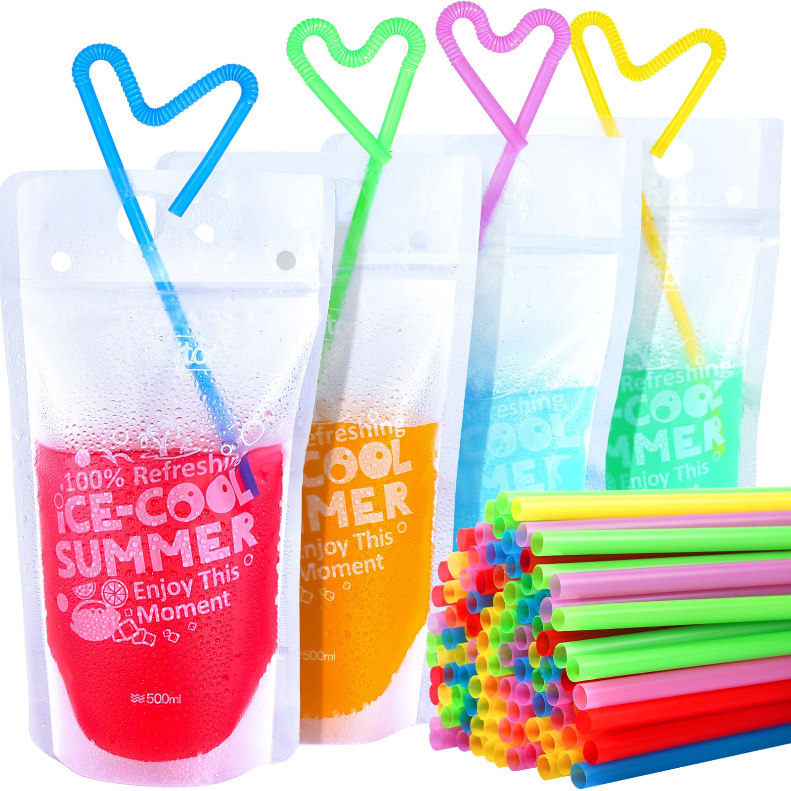 Teenitor 100Pcs Drink Pouches, Drink Pouches for Adults Alcohol, Drink Pouches with Straw Juice Pouches 100Pcs Straws, Liquor Bags Drink Bags For Smoothies Juices Stand Up Liquid Pouches 16oz