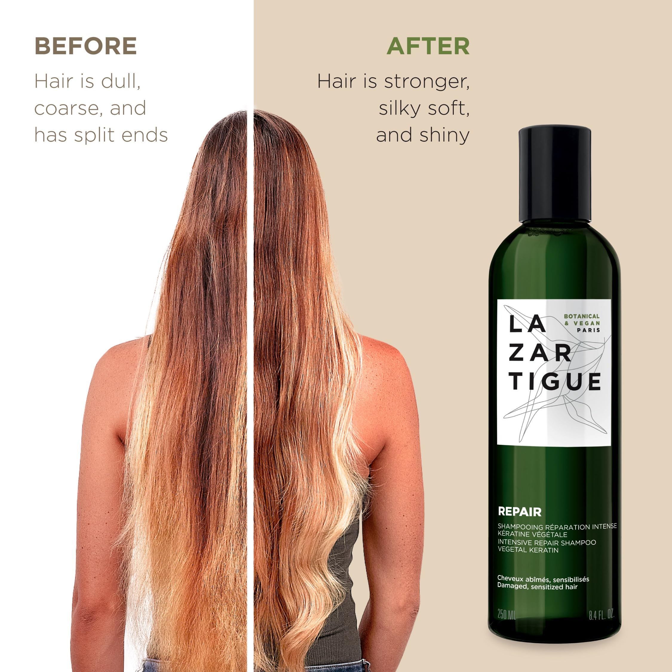 Lazartigue Repair Shampoo, Vegetal Keratin for Deep Repair & Shine, Vegan, Sulfate-Free, Silicone-Free, for Damaged Hair, 8.4 Fl. Oz.