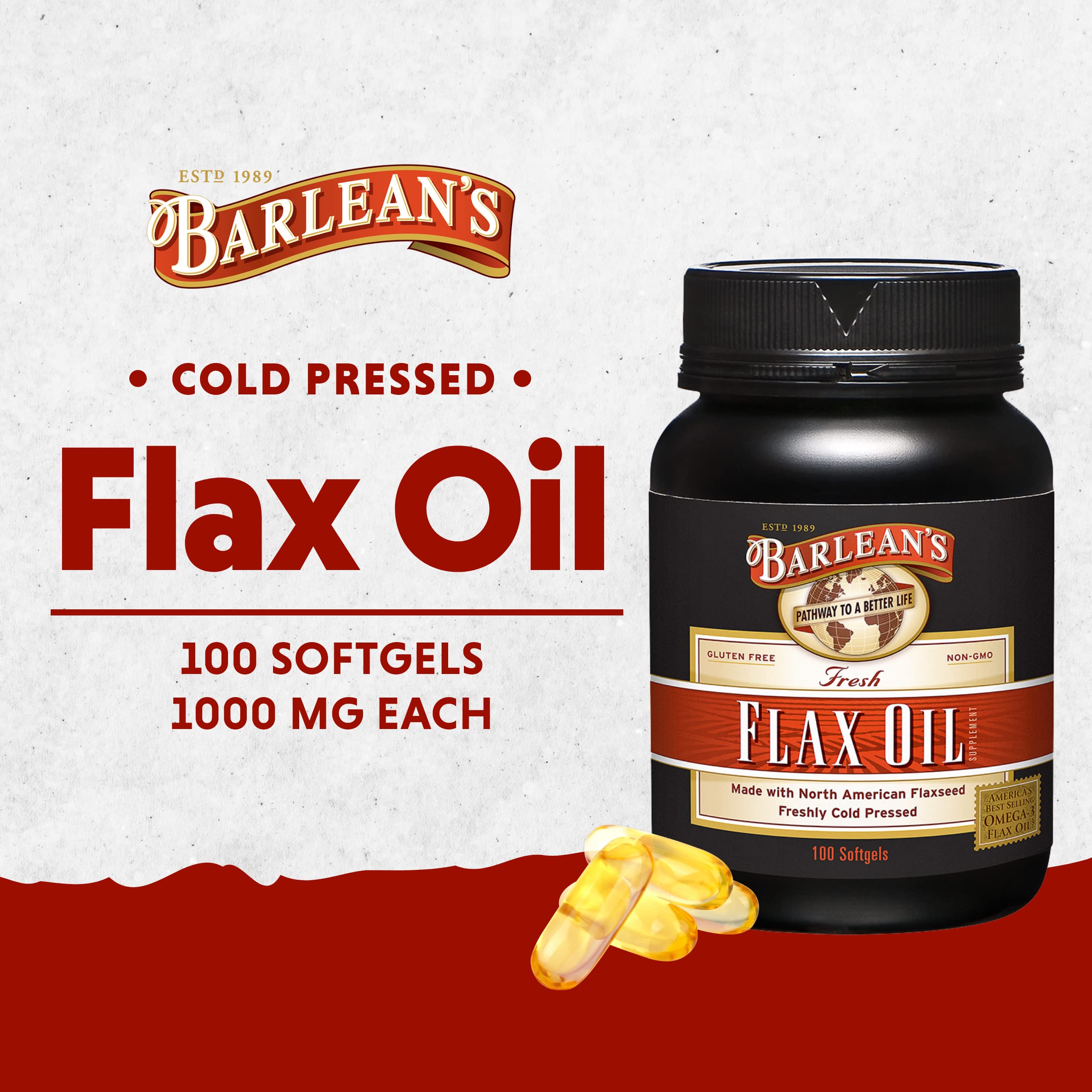 Barlean's Flaxseed Oil Softgels, Cold-Pressed Flax Seed Supplement with 1,650 mg ALA Omega-3 Fatty Acids, 1000mg, 100 ct