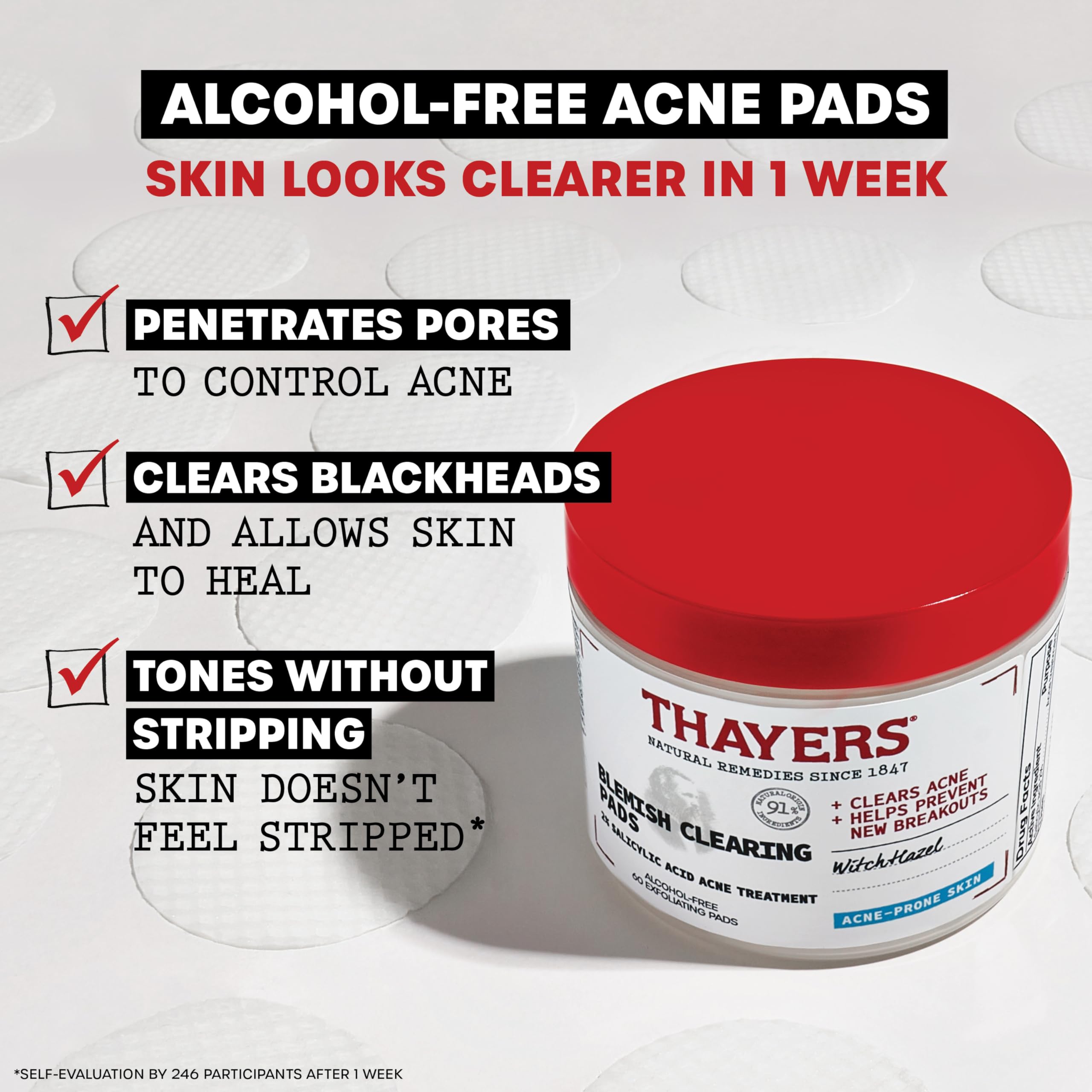 Thayers Blemish Clearing Acne Pads, Salicylic Acid Acne Treatment for Face, Pore Reducing, Exfoliating, and Soothing Skincare, Witch Hazel Toner Pads, 60 Ct