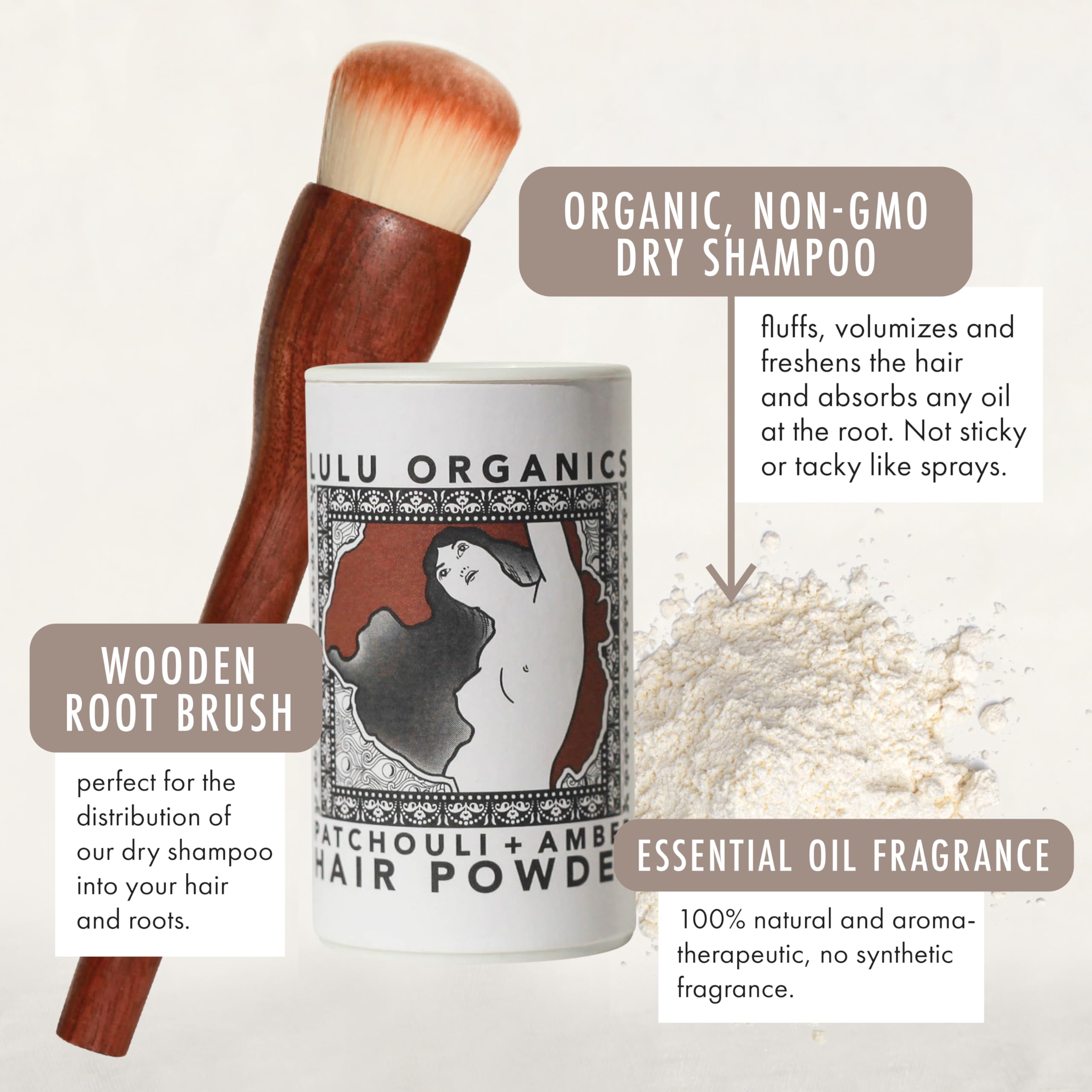 Non Aerosol Dry Shampoo Powder with Brush for Dark, Blonde and Oily Hair, All Natural Organic Hair and Body Powder, Paraben &Talc free No White Cast Synthetic Fragrance, Patchouli & Amber - 1oz