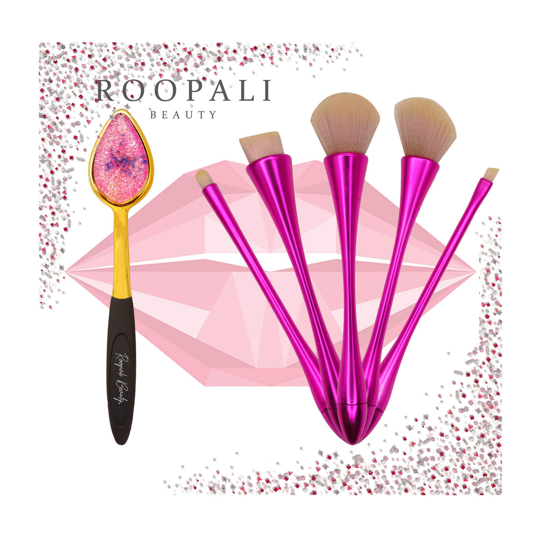 Professional Makeup Brush Set; 6 PC Flower Child DELUXE by Roopali Beauty ââ‚¬â€œSoft Silicone Pointed Applicator AND 5 Vegan Nylon Brushes - Compatible with Liquid, Cream or High-End Powder Cosmeti